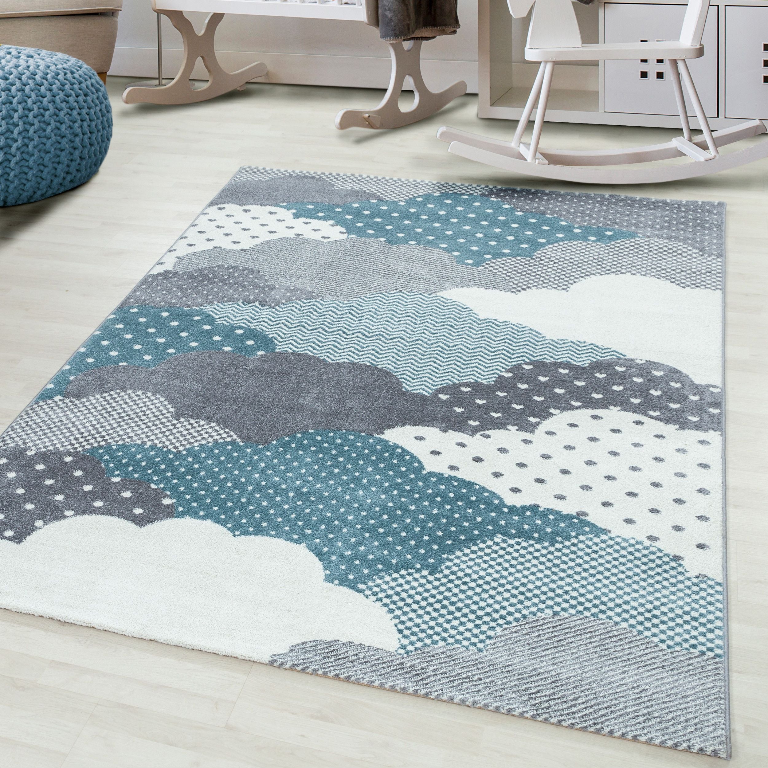Kinderteppiche, Wolken Design, Farbe Blau, Teppich für Kinderzimmer, Rücken aus Jute