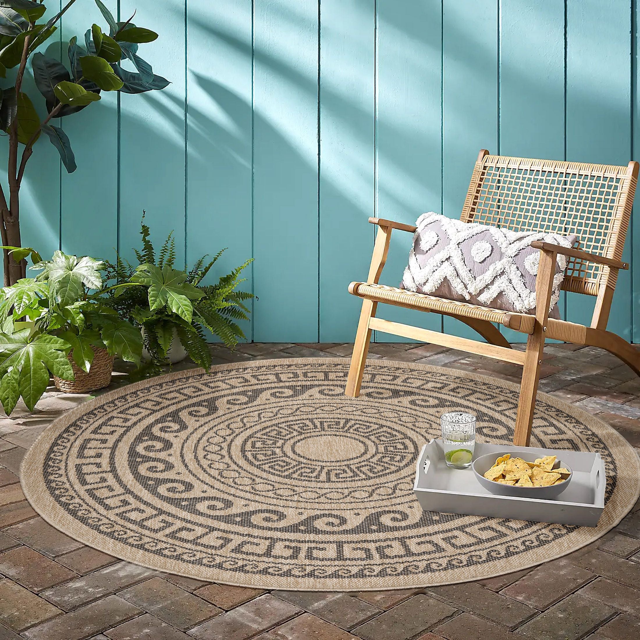 Runder Vintage Outdoor Teppich: Ethno Muster