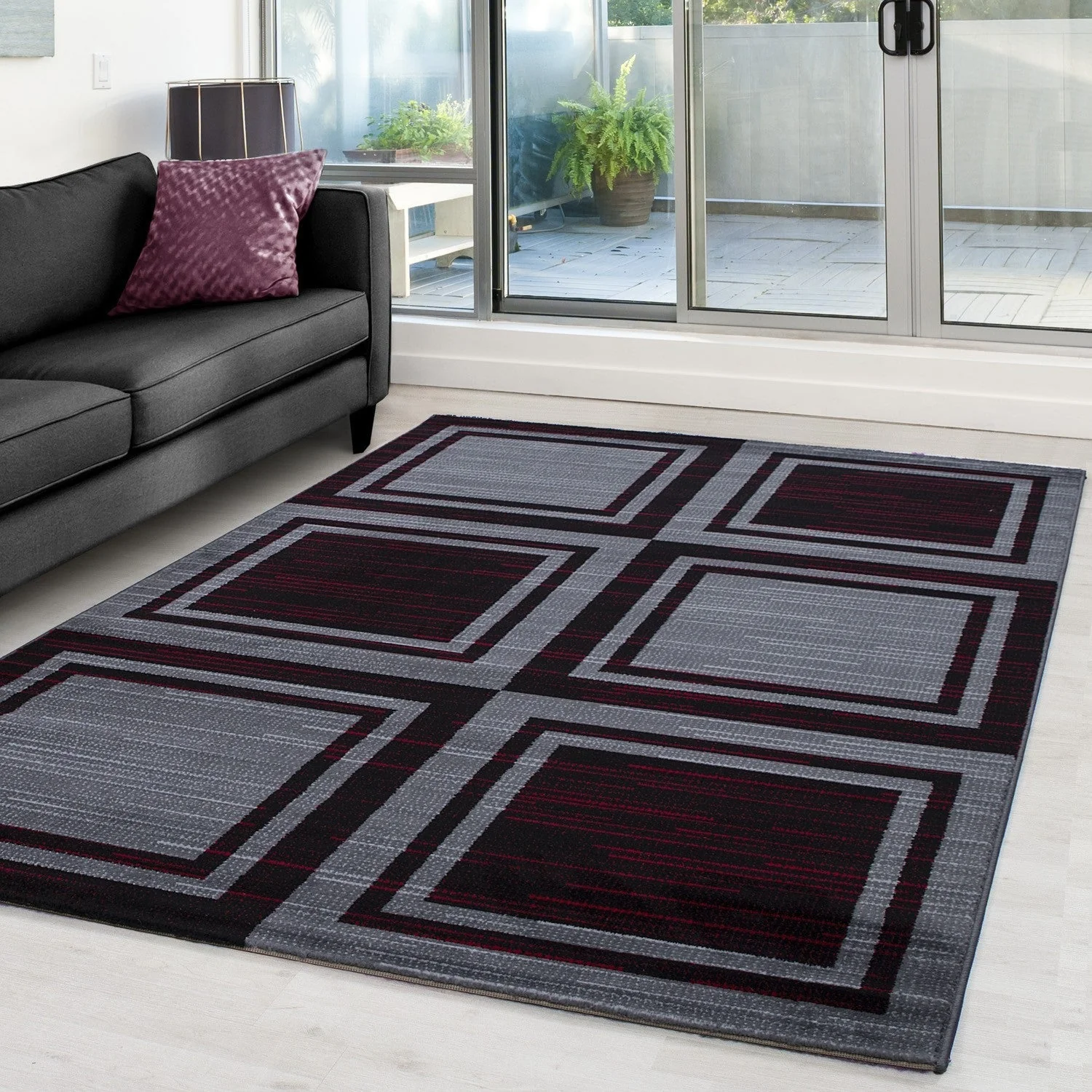 Designer Wohnzimmer Jugendzimmer Teppich mit Blockmuster kariert Schwarz-Rot