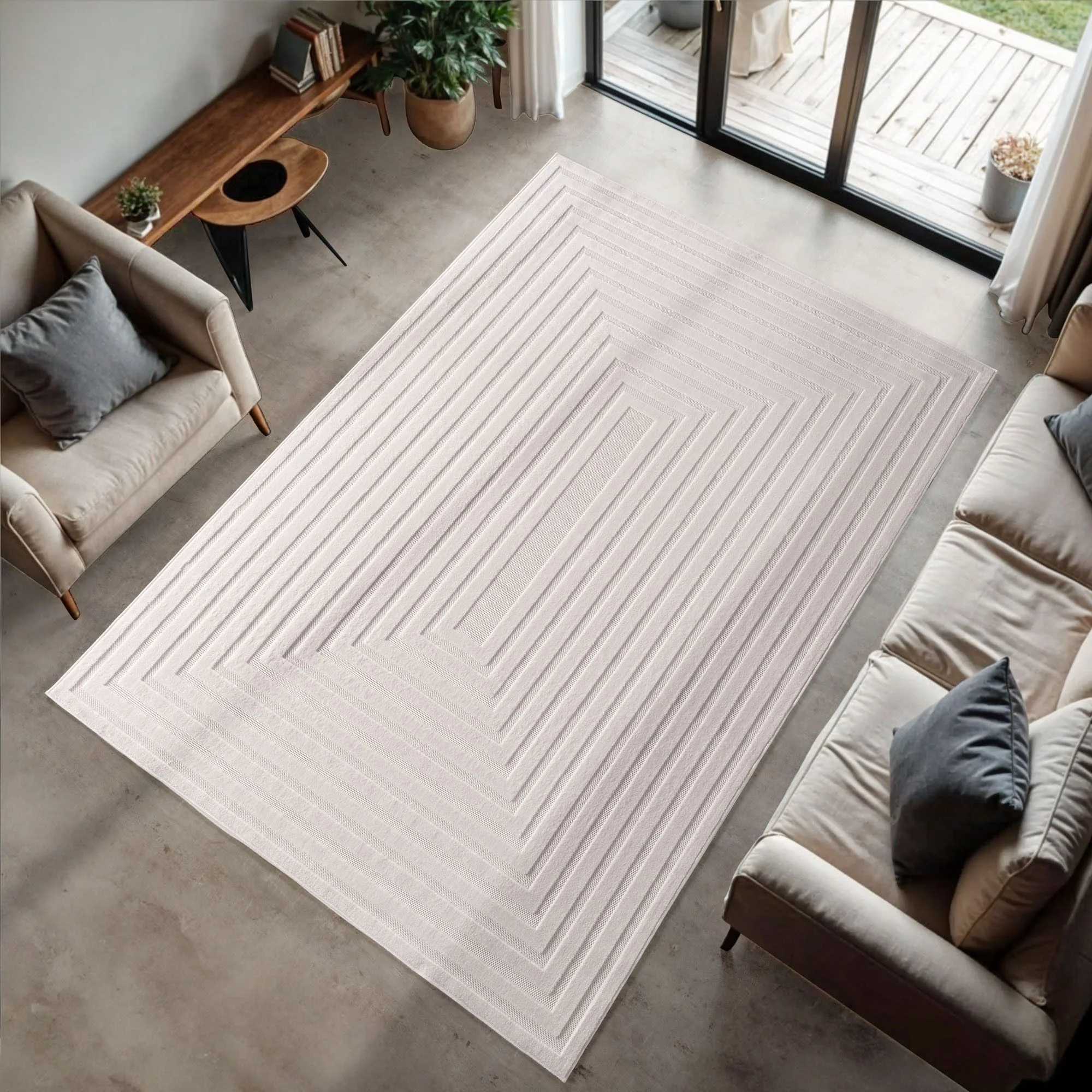 Moderner Kurzflor Teppich in Creme: 3D Linien Design