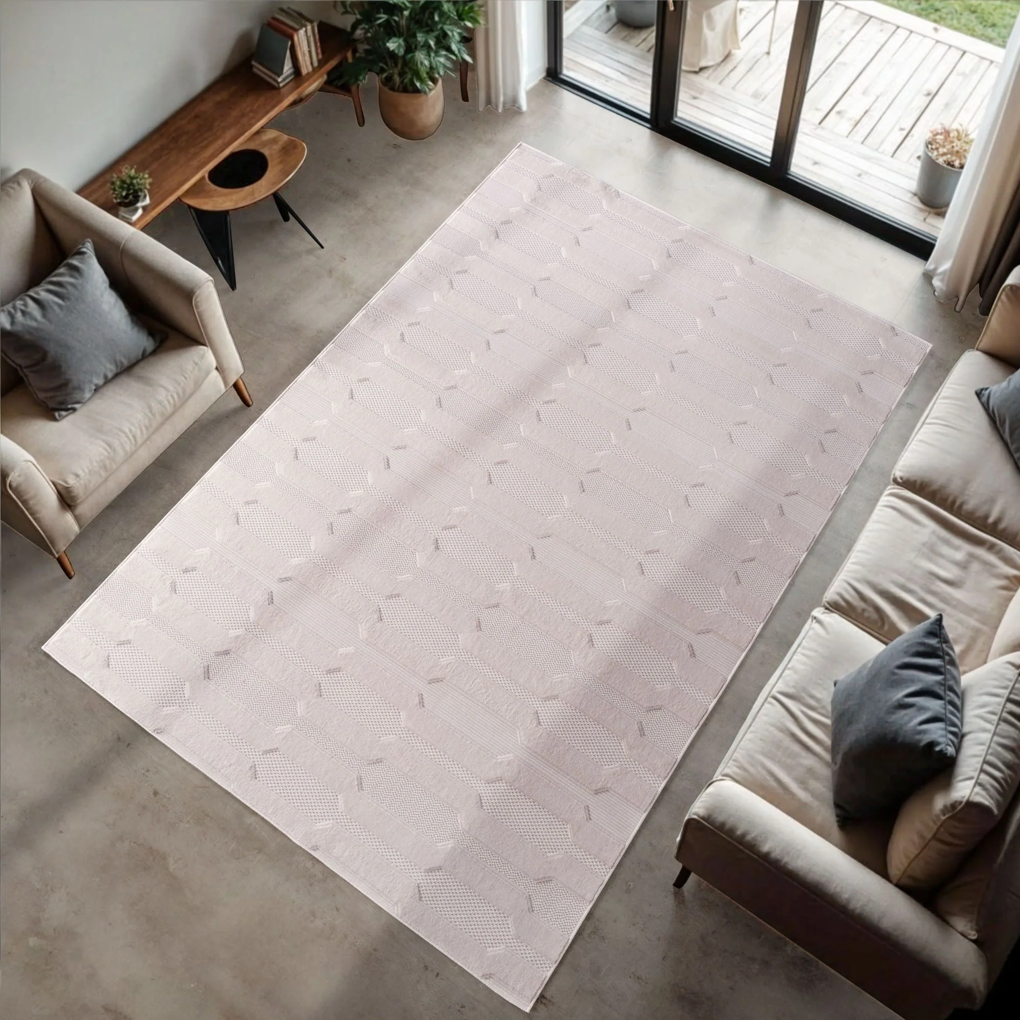 Moderner Kurzflor Teppich in Creme: 3D Design