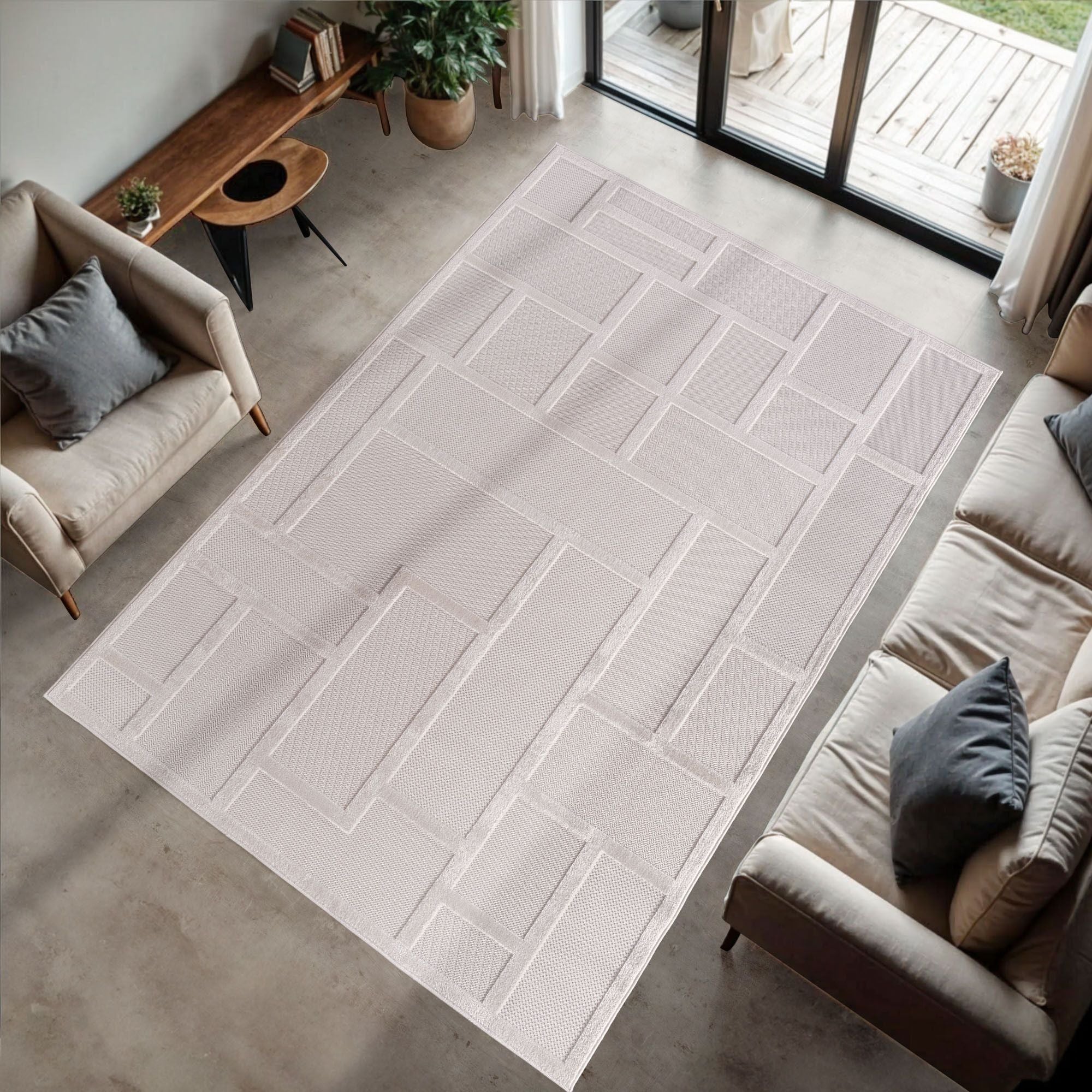Doha Kurzflor Teppich Creme – 3D Blockdesign
