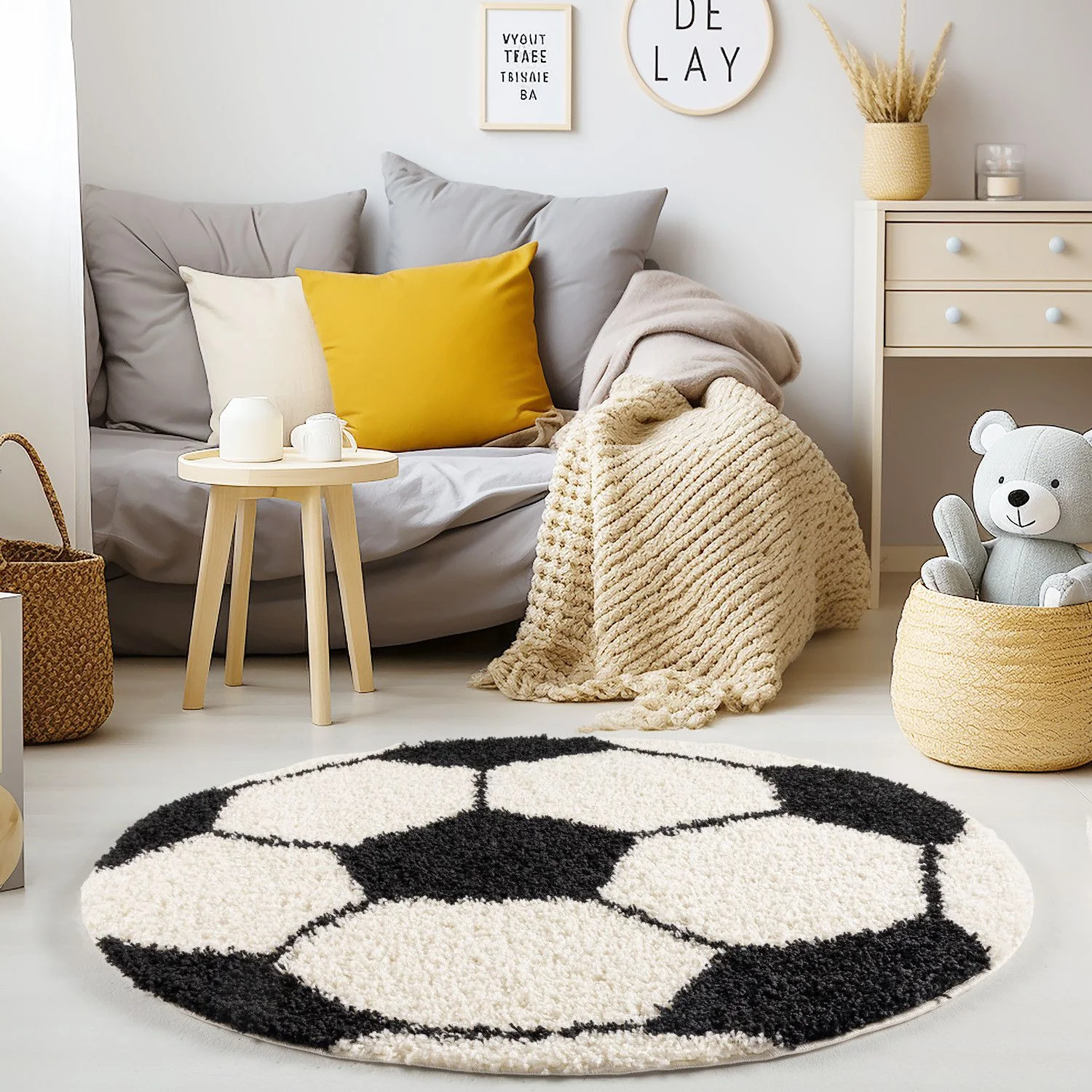 Kinderteppiche, Fußball-Design, Farbe Schwarz, Teppich für Kinderzimmer, Rücken aus Jute