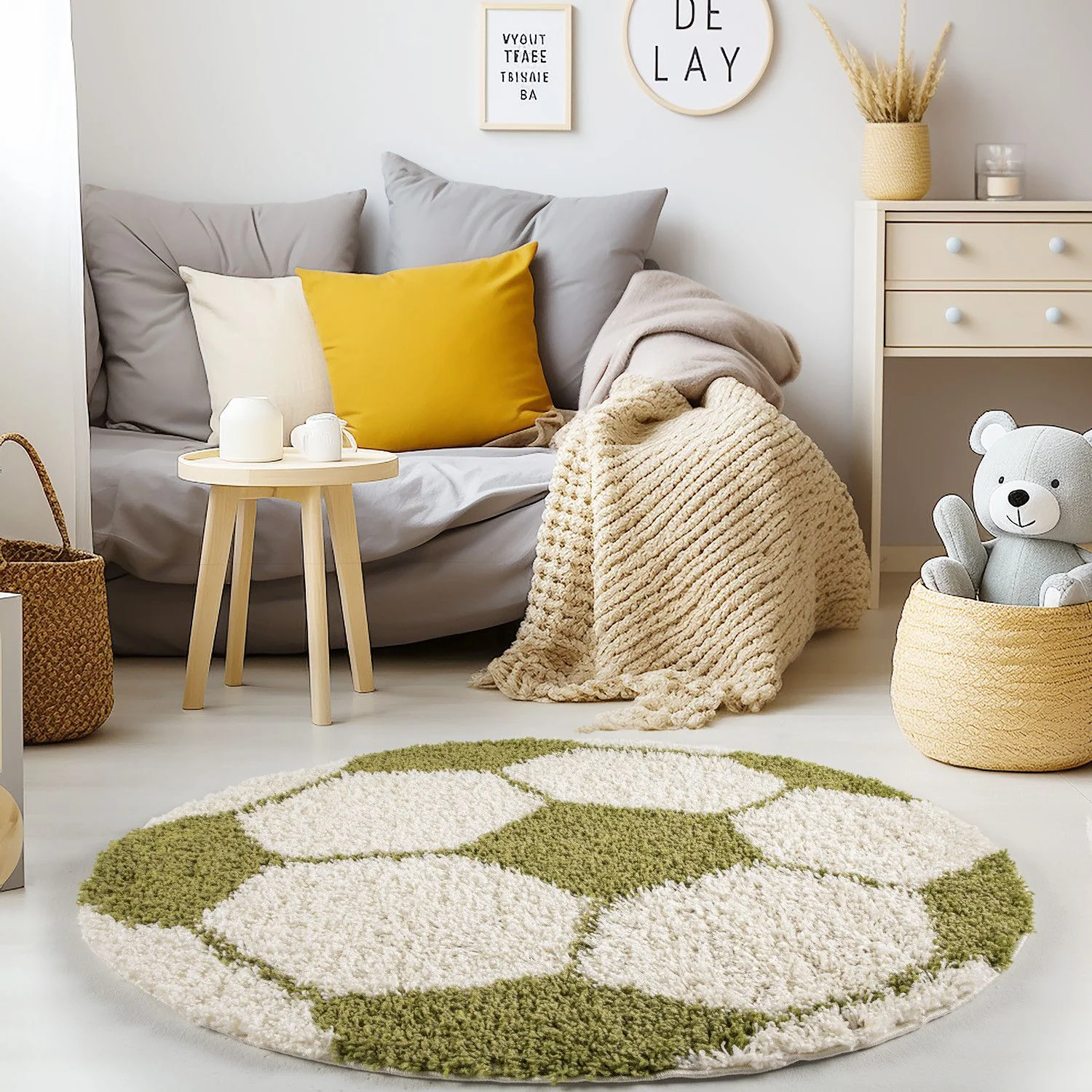 Kinderteppiche, Fußball-Design, Farbe Grün, Teppich für Kinderzimmer, Rücken aus Jute