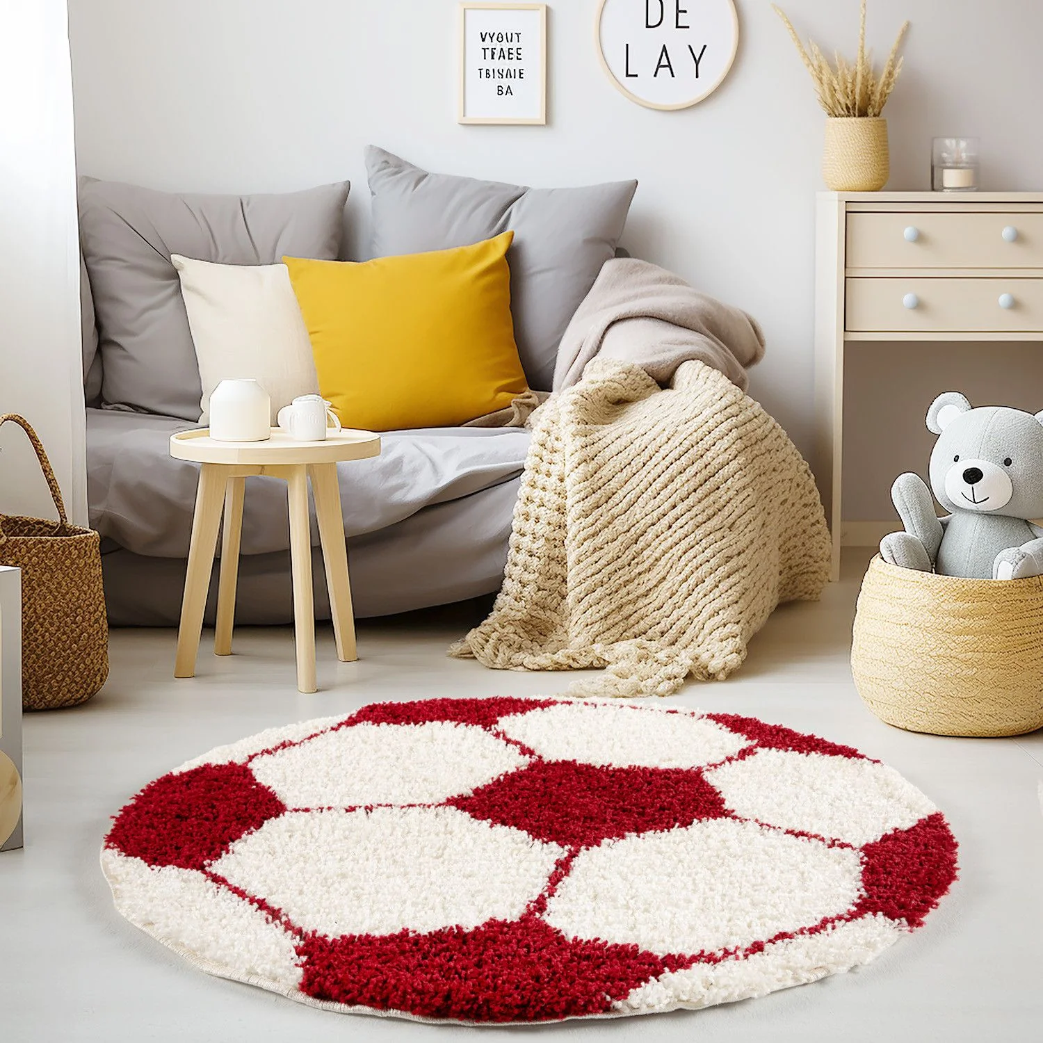 Kinderteppiche, Fußball-Design, Farbe Rot, Teppich für Kinderzimmer, Rücken aus Jute