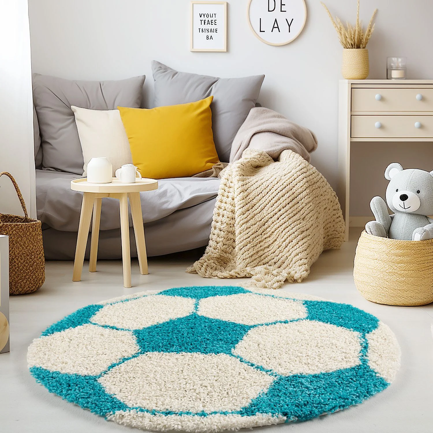 Kinderteppiche, Fußball-Design, Farbe Türkis, Teppich für Kinderzimmer, Rücken aus Jute