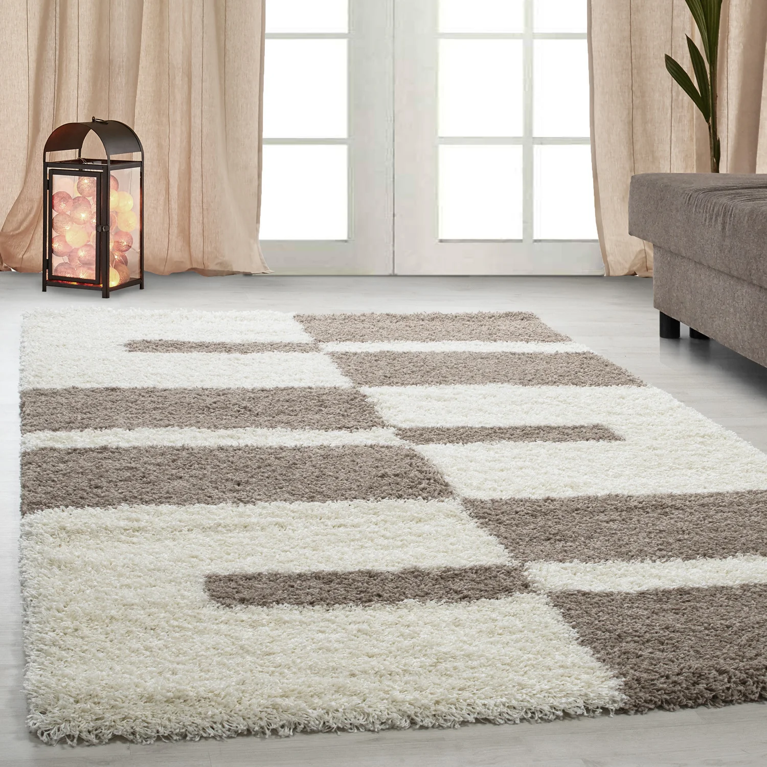 Hochflorteppiche, Kariert Design, Farbe Beige, Teppich für Wohnzimmer, Rücken aus Jute