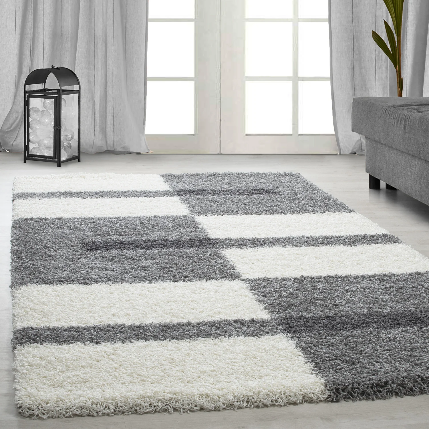 Hochflorteppiche, Kariert Design, Farbe Hellgrau, Teppich für Wohnzimmer, Rücken aus Jute