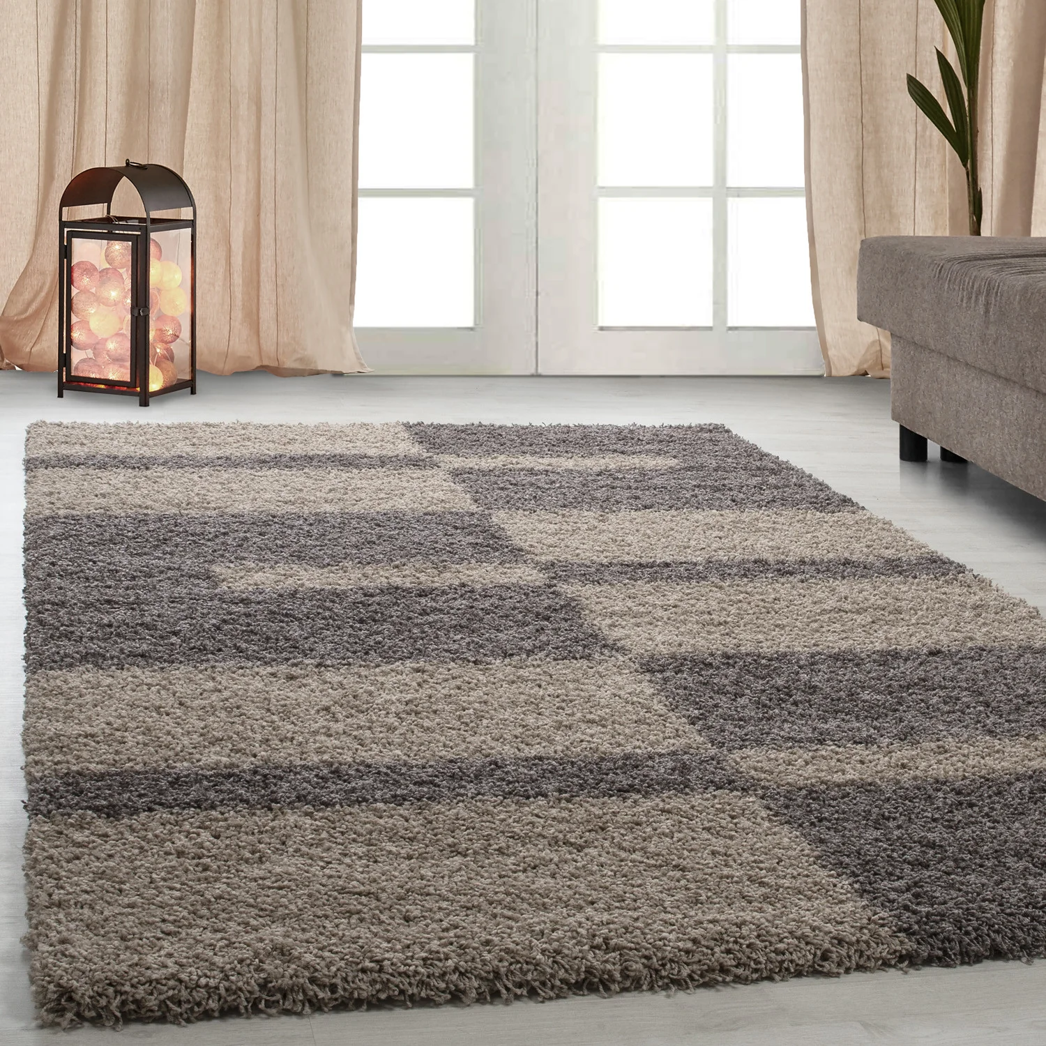 Hochflorteppiche, Kariert Design, Farbe Taupe, Teppich für Wohnzimmer, Rücken aus Jute
