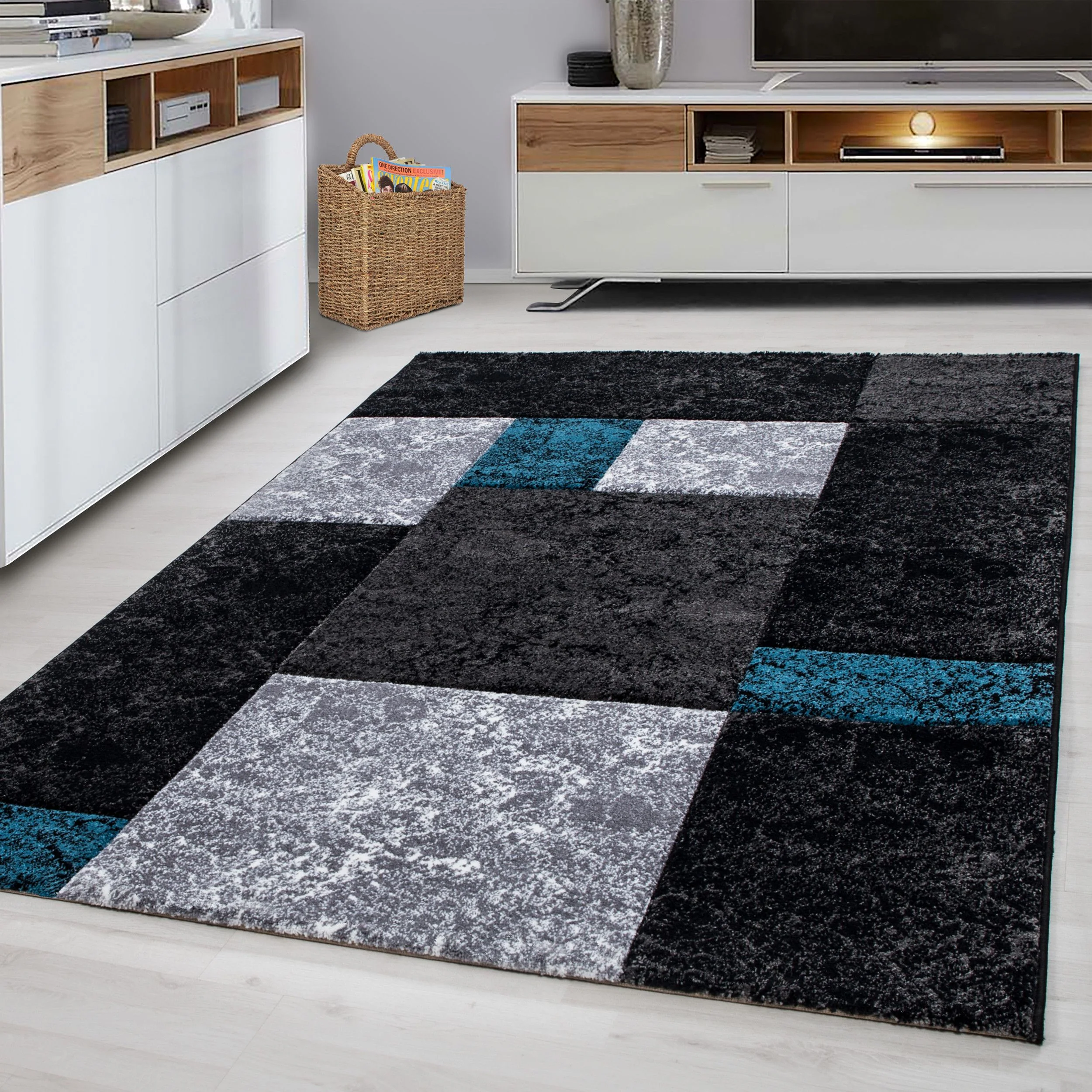 Kurzflorteppiche, Kariert Design, Farbe Türkis, Teppich für Wohnzimmer, Rücken aus Jute