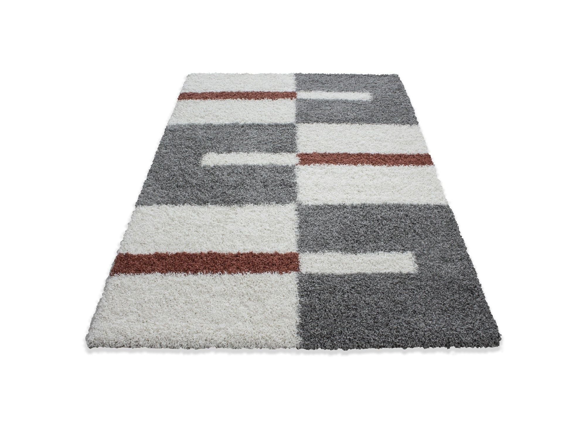 Hochflor Langflor Wohnzimmer Shaggy Teppich Florhöhe 3cm Grau-Weiss-Terrakotta - Image 6