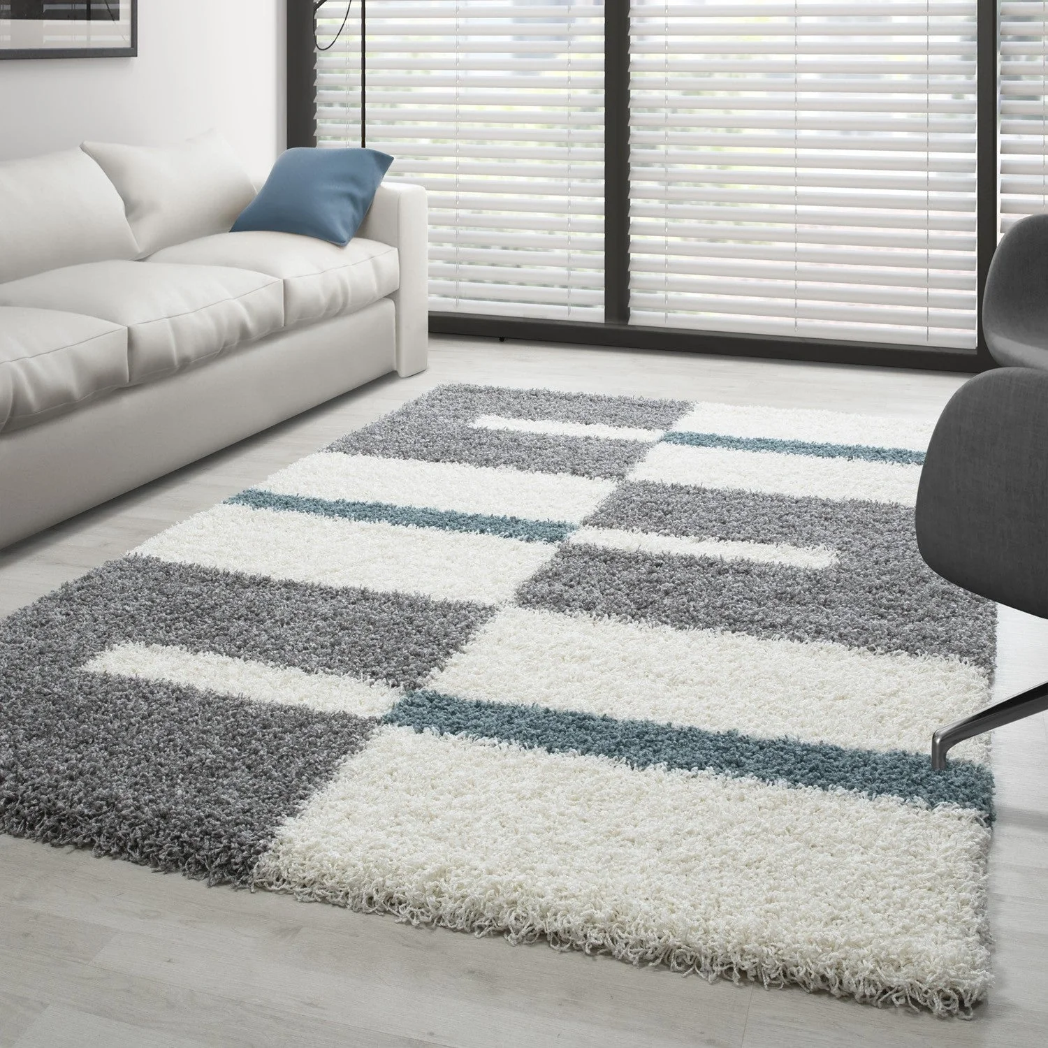 Hochflor Langflor Wohnzimmer Shaggy Teppich Florhöhe 3cm Grau-Weiss-Türkis