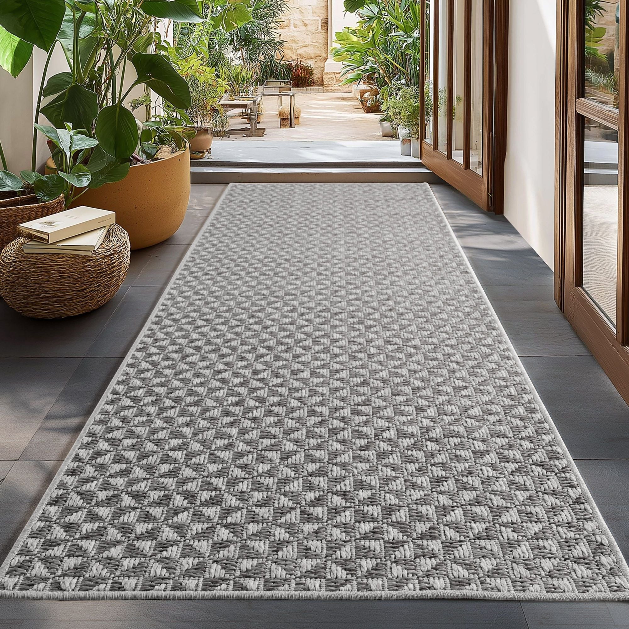 In- & Outdoor Teppich Läufer: Karo Design in Grau