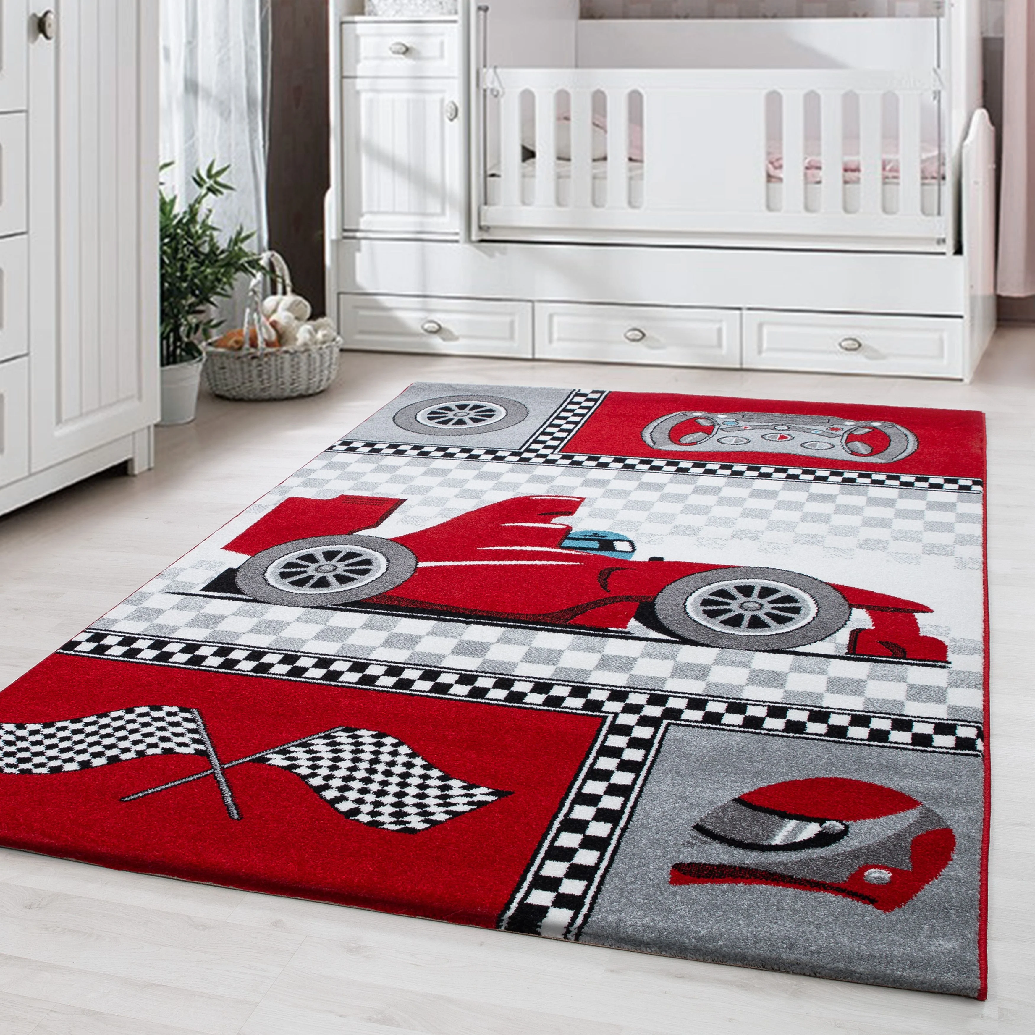 Kinderteppiche, Rennwagen, Farbe Rot, Teppich für Kinderzimmer, Rücken aus Jute