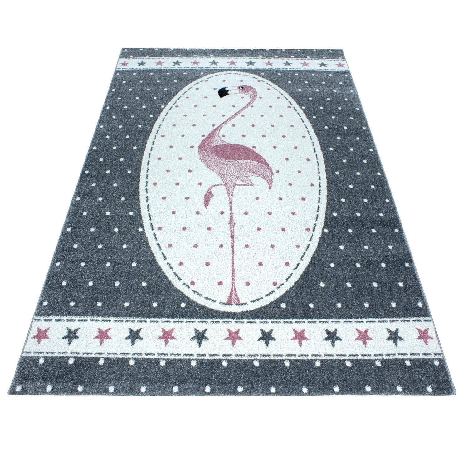 Kinderteppich Kinderzimmer Flamingo mit Sternen muster Pink Grau Weiß - Image 2
