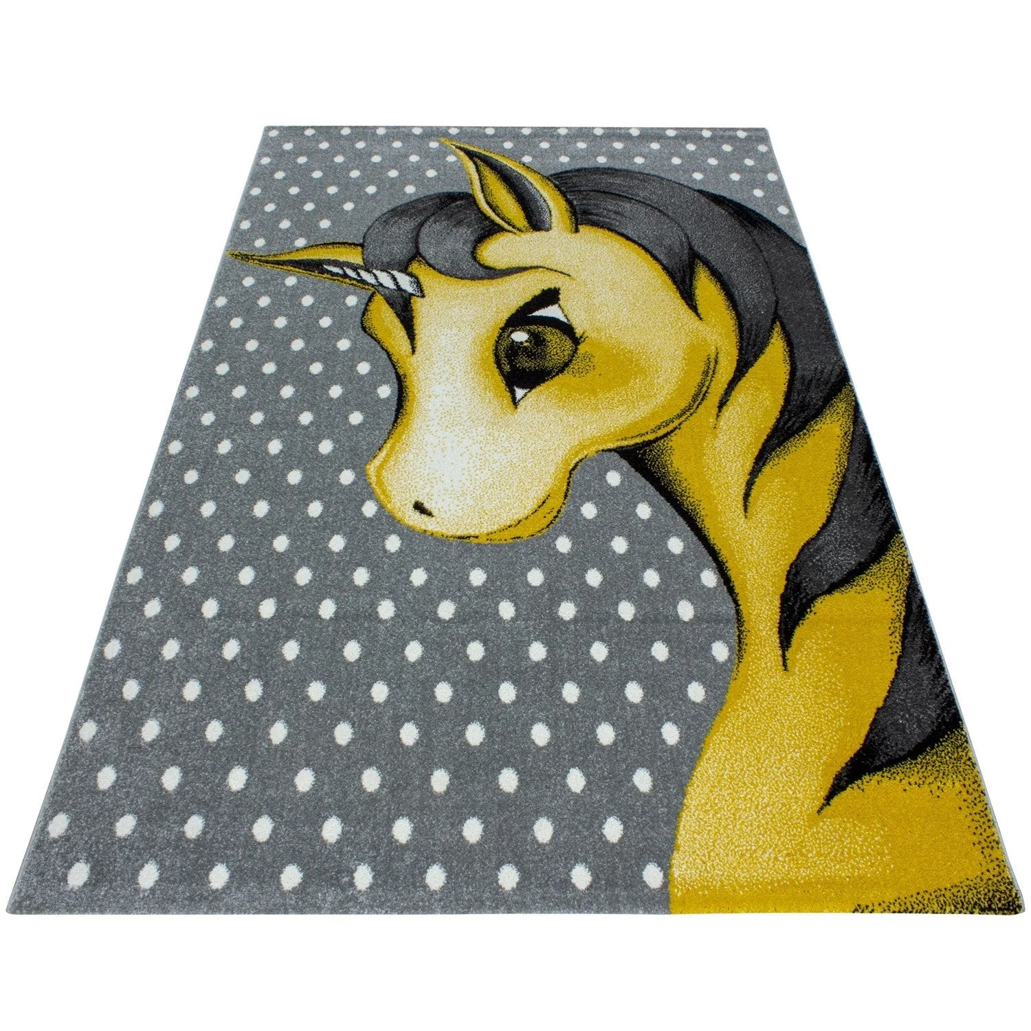 Kinderteppich Kinderzimmer Teppich Einhorn Muster Grau-Weiß-Gelb - Image 2