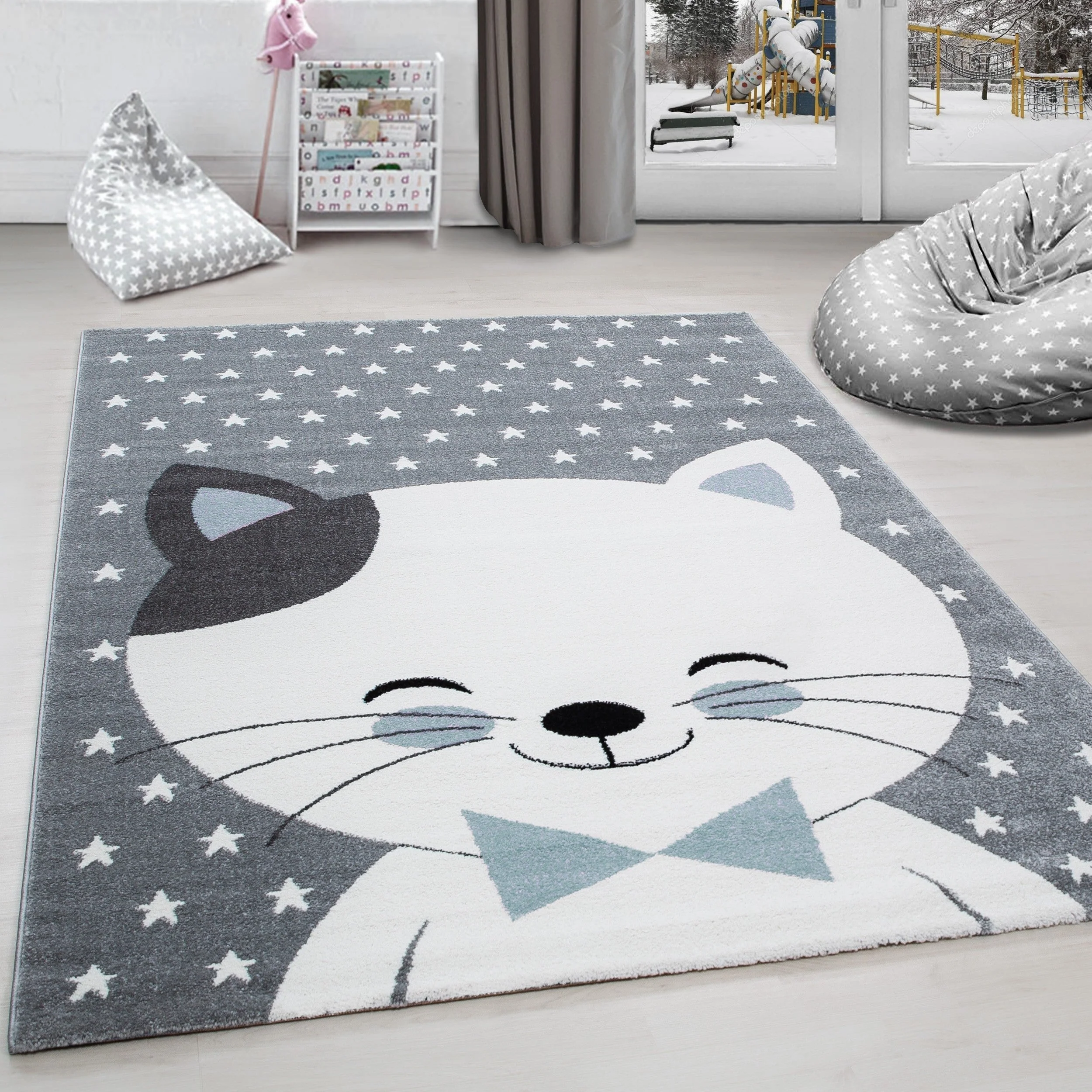 Kinderteppich Kinderzimmer Teppich Katze Sternmotiv Grau-Weiß-Blau