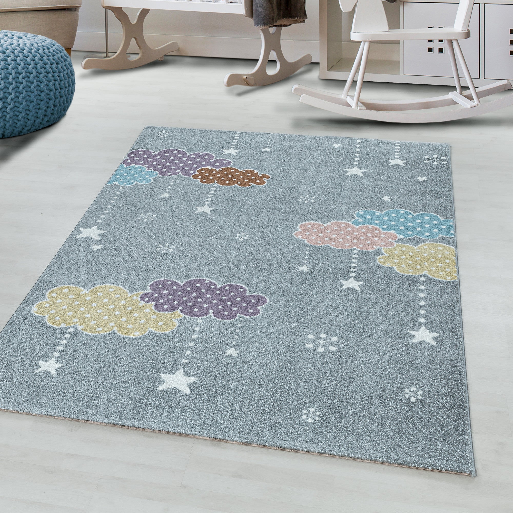 inderteppich Kurzflor mit Wolken & Sternen – Grau