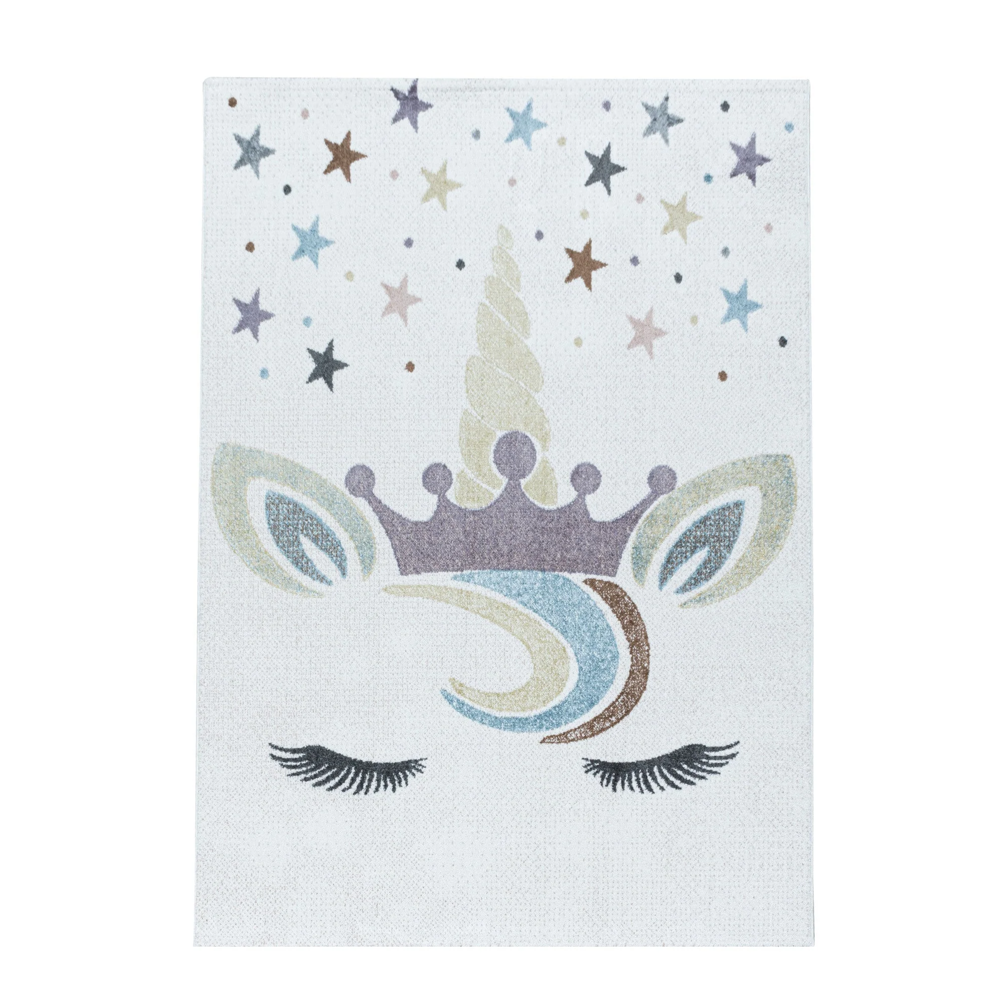 Kinderteppich Kurzflor Teppich Kinderzimmer Einhorn Bunte Sterne Krone Weiss - Image 2
