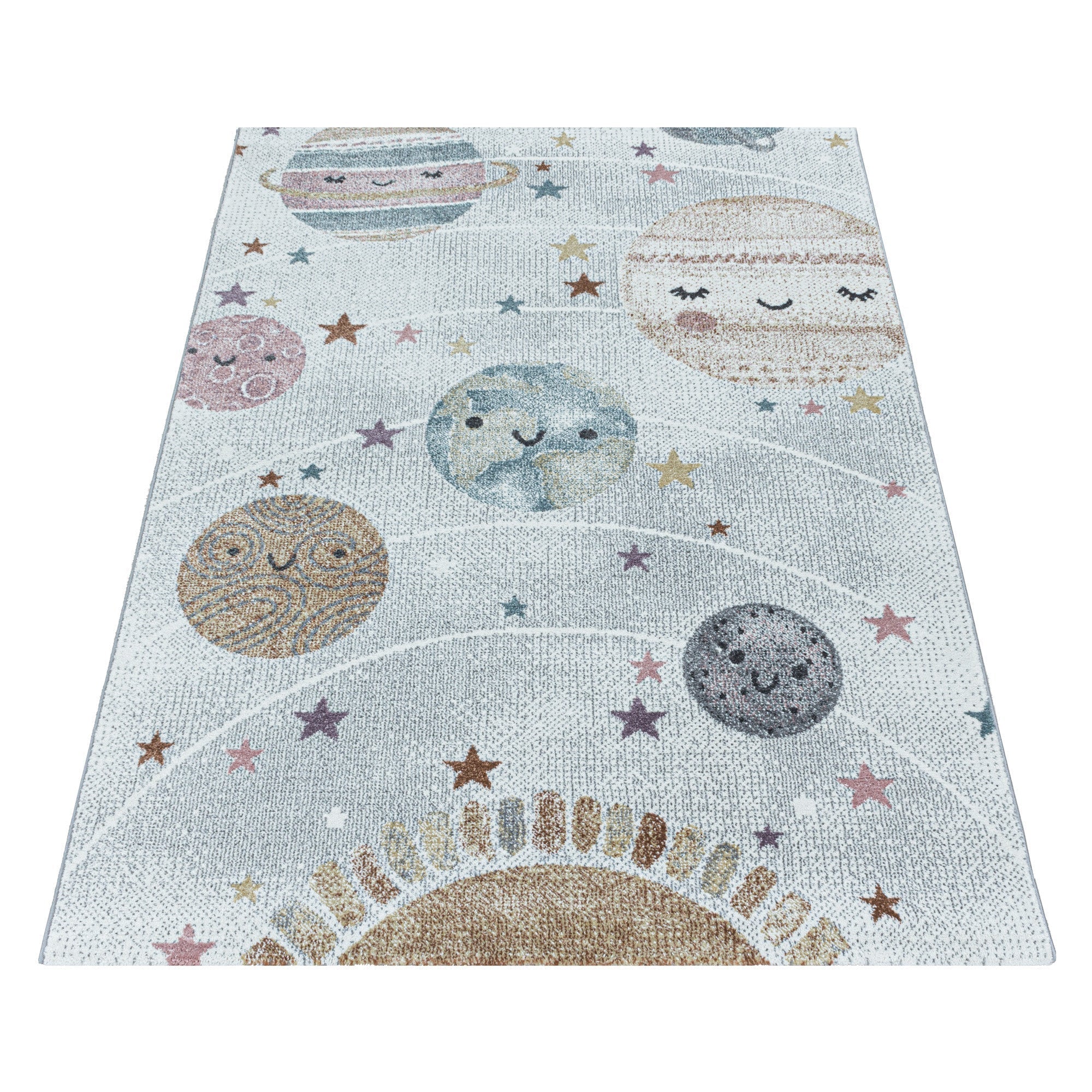 Kurzflor Kinderteppich Design Planet Weltall Mond Kinderzimmer Teppich Weiss - Image 3