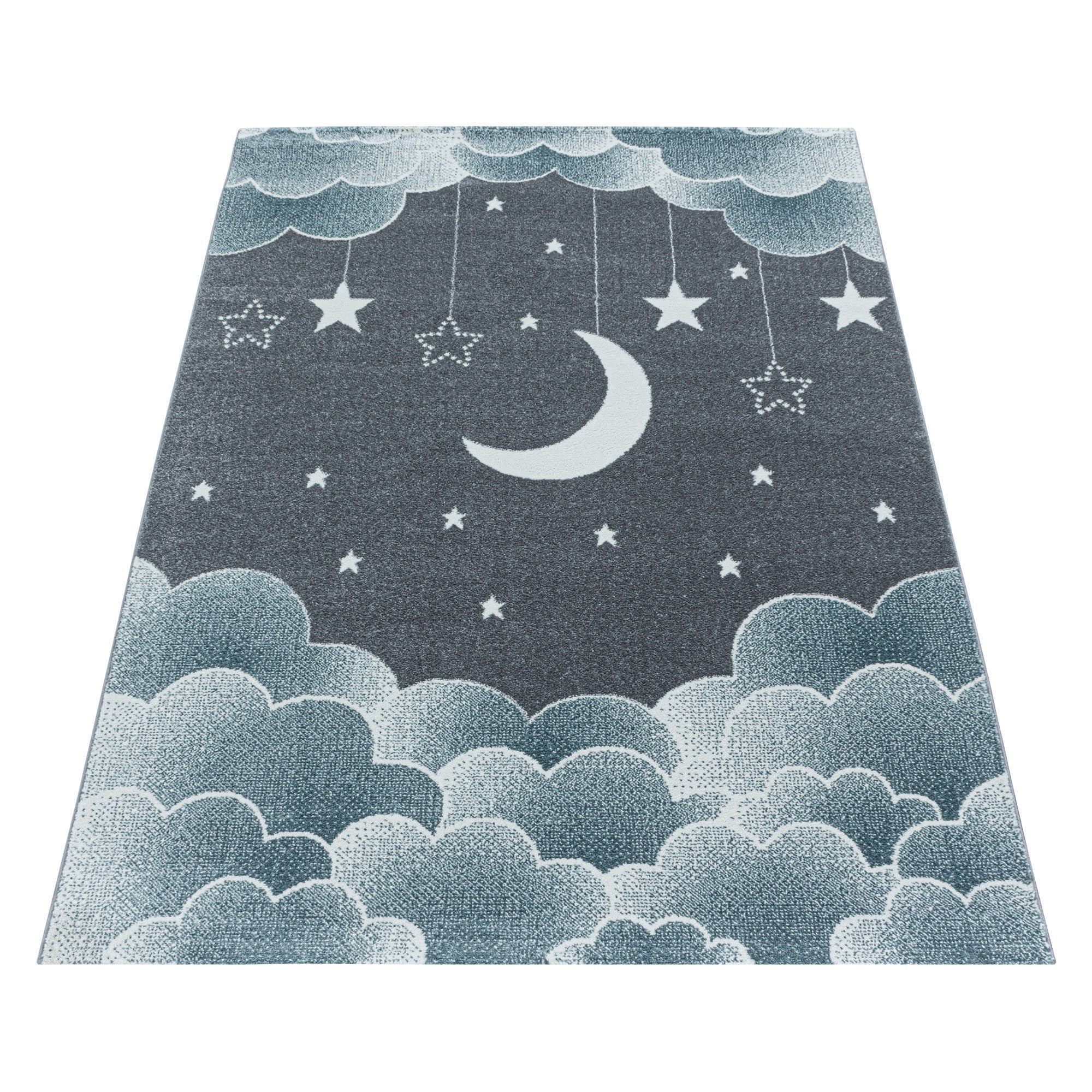 Kurzflor Kinderteppich Kinderzimmer Muster Sternenhimmel Mond Wolken Blau - Image 3
