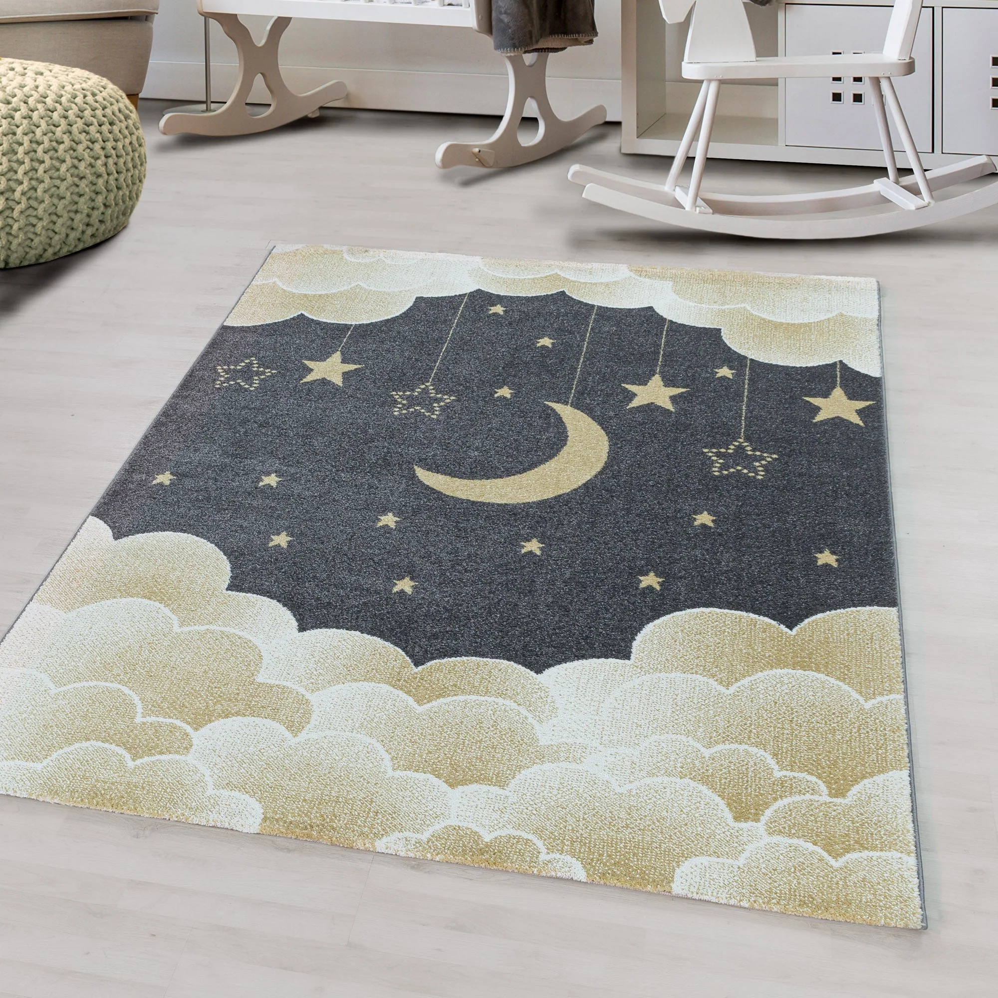 Gelber Kinderzimmer Teppich mit Mond- und Wolkenmotiv