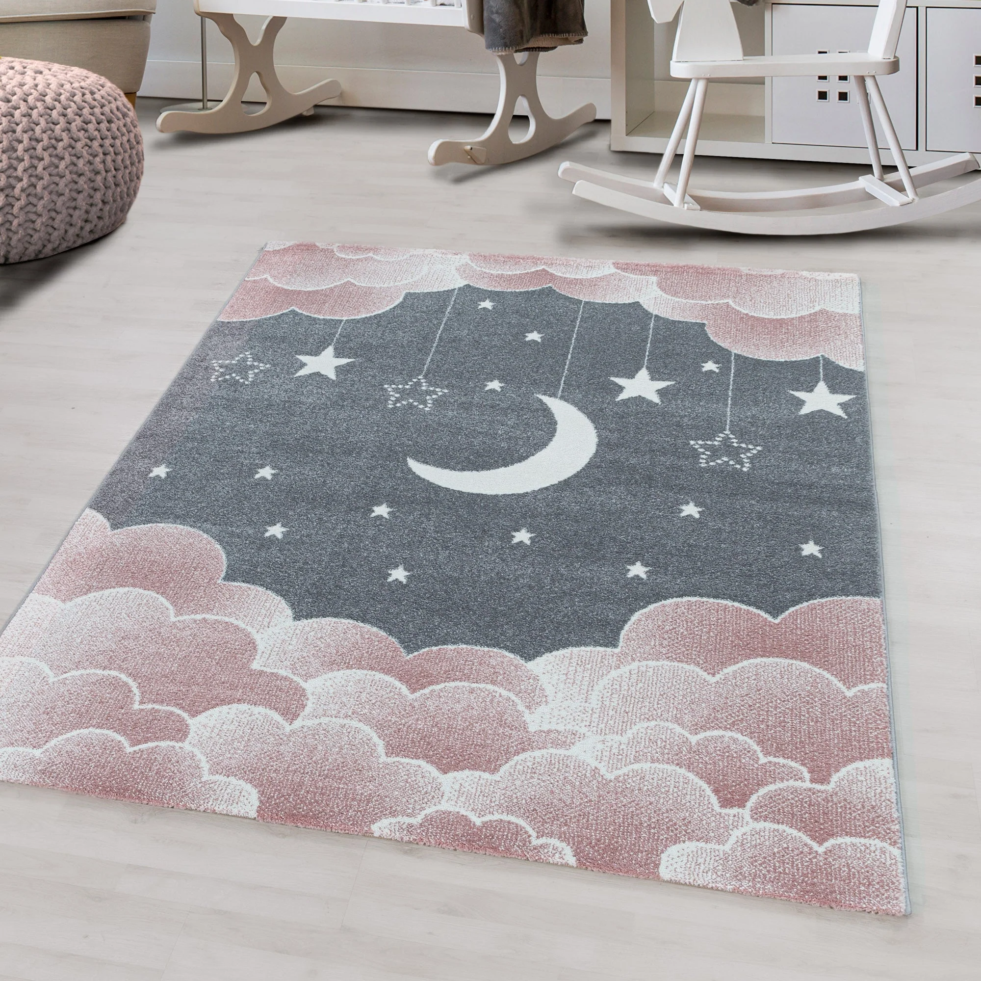 Rosa Kinderzimmer Teppich mit Mond- und Wolkenmotiv