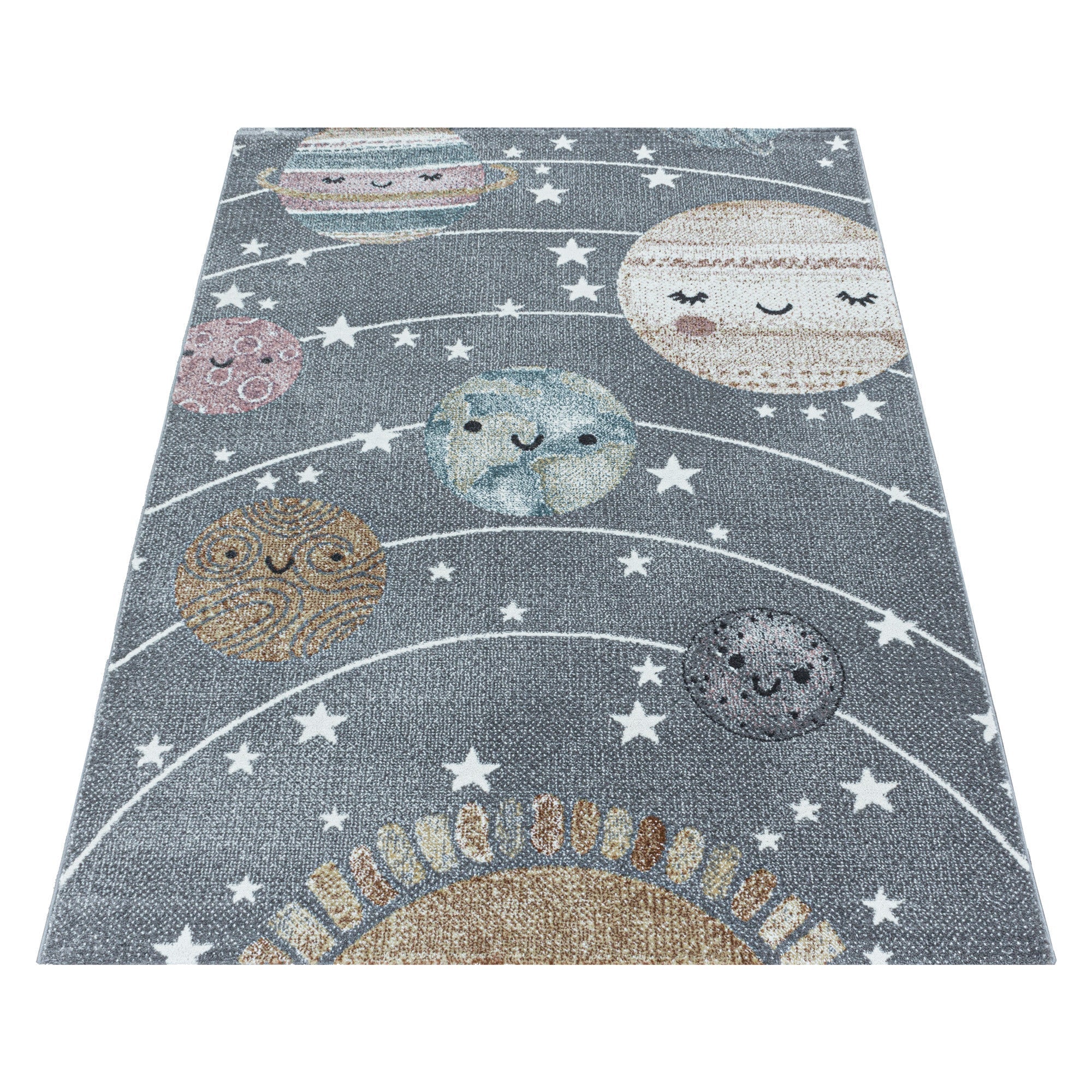 Kurzflor Kinderteppich Planet Weltall Sonne Mond Kinderzimmer Teppich Grau - Image 3