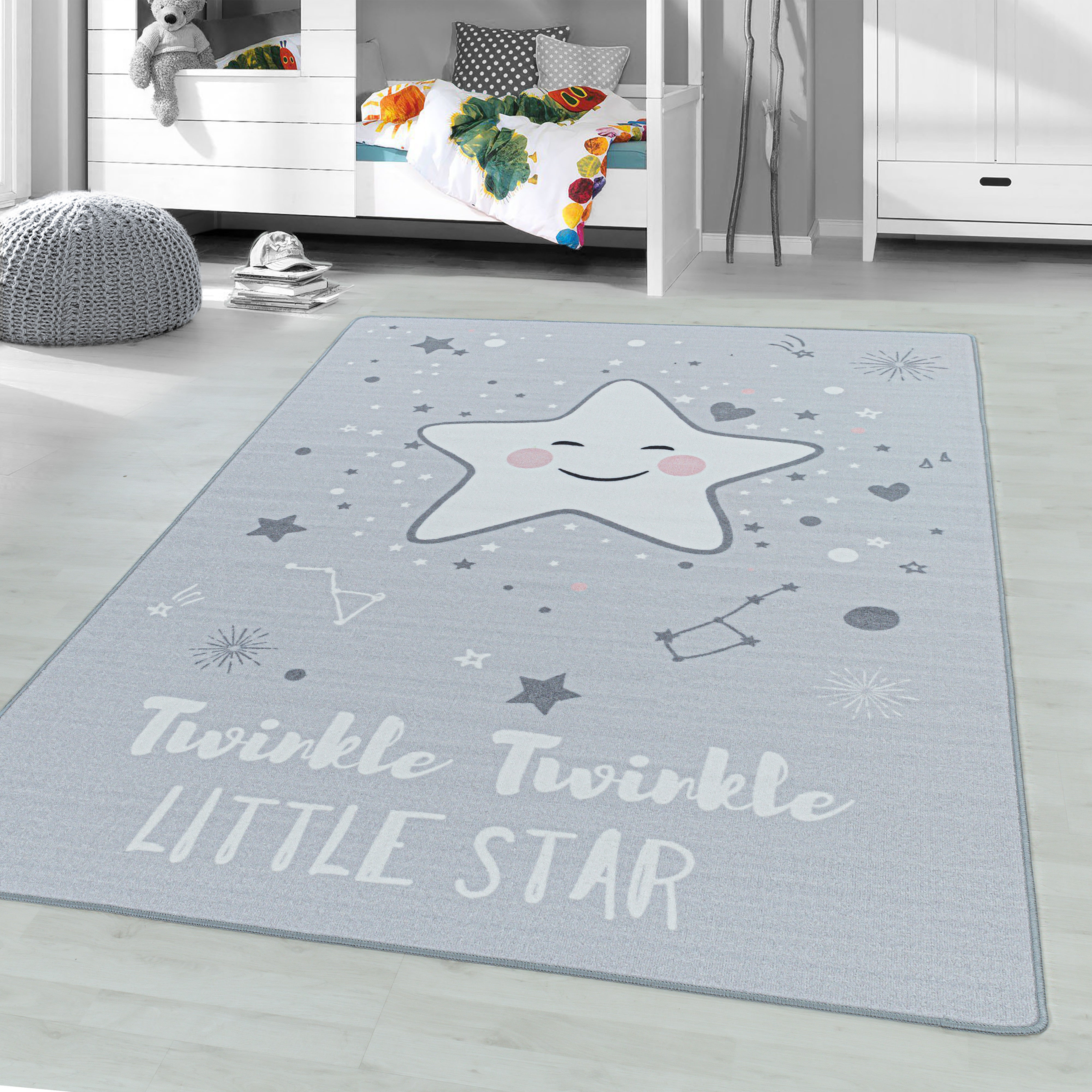 Kurzflor Spielteppich Baby Sterne – Grau