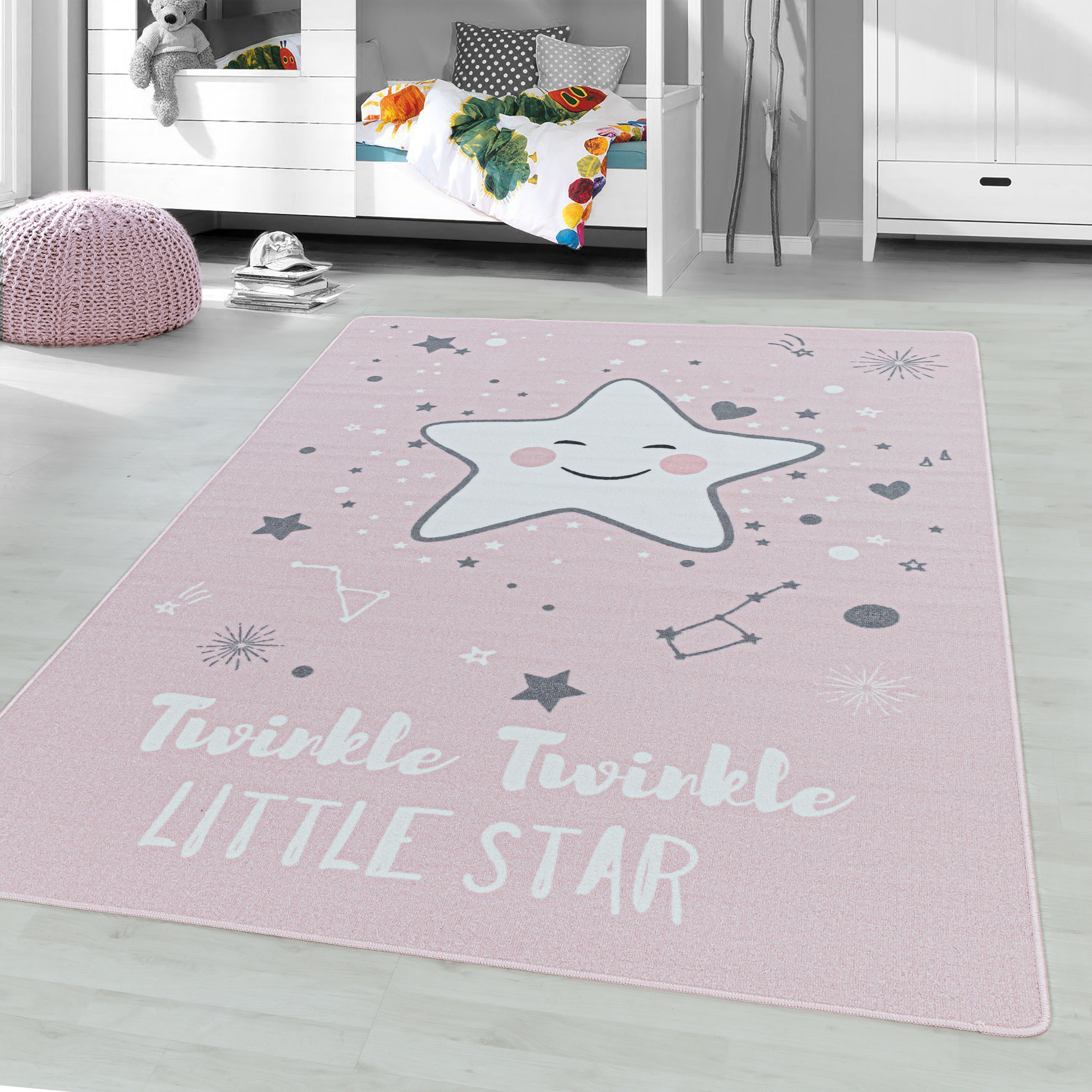 Kinderzimmer Spielteppich Kurzflor mit Stern – Pink