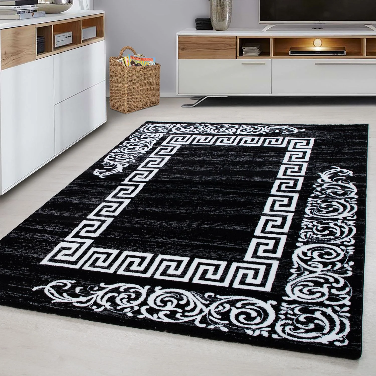 Miami Mäander Kurzflorteppich in Schwarz