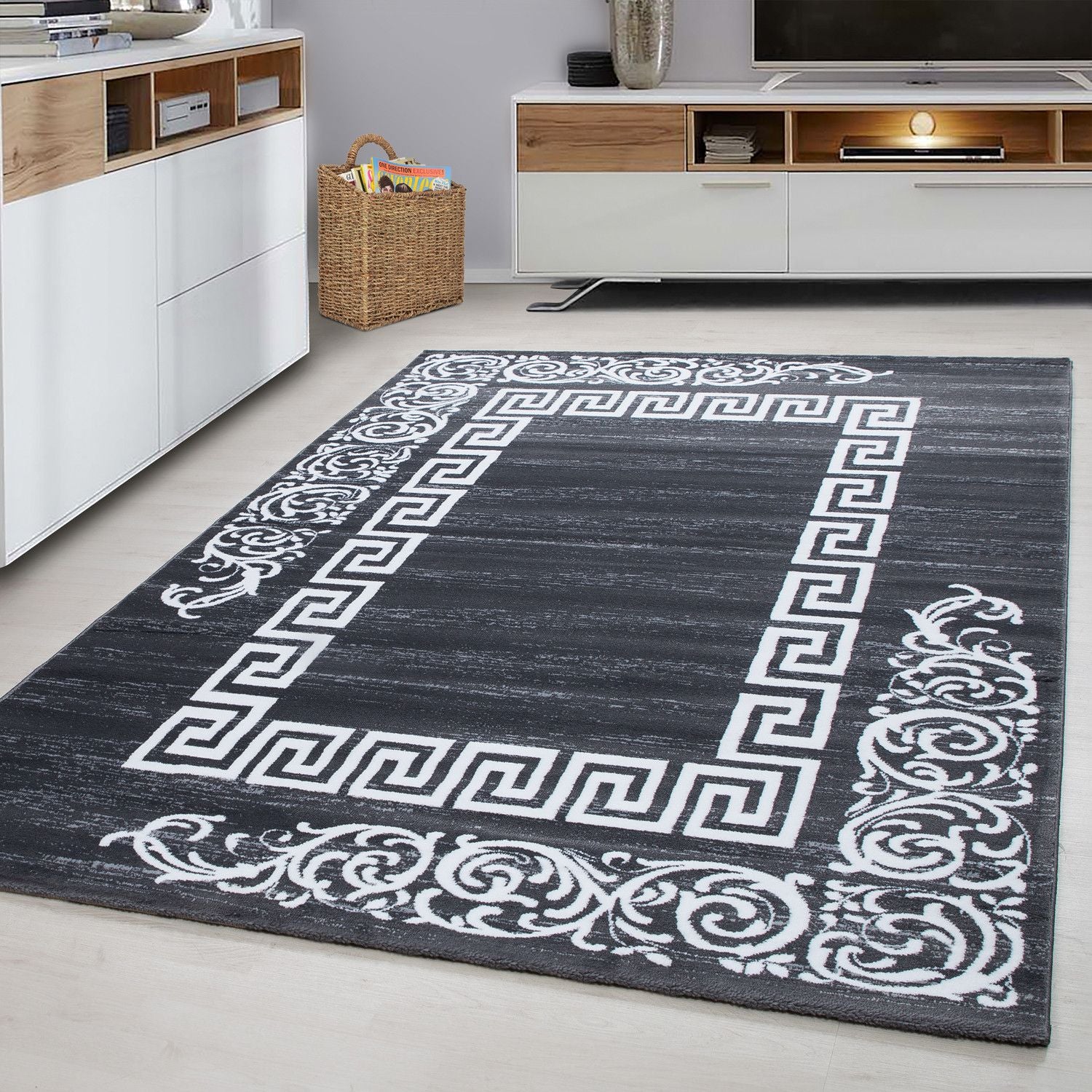 Kurzflorteppiche, Mäander-Design, Farbe Grau, Teppich für Wohnzimmer, Rücken aus Jute