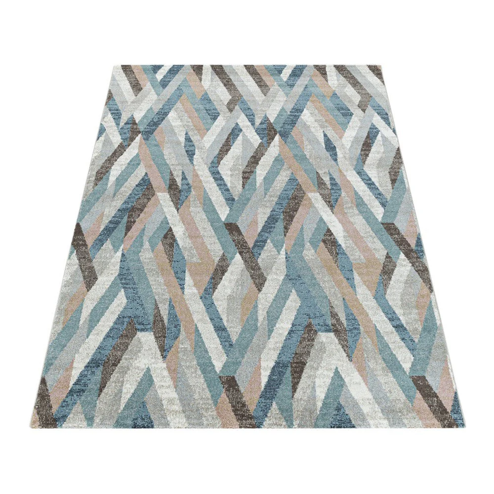 Modern Kurzflor Designer Teppich Geometrisches Linien design Braun Beige Blau - Image 2