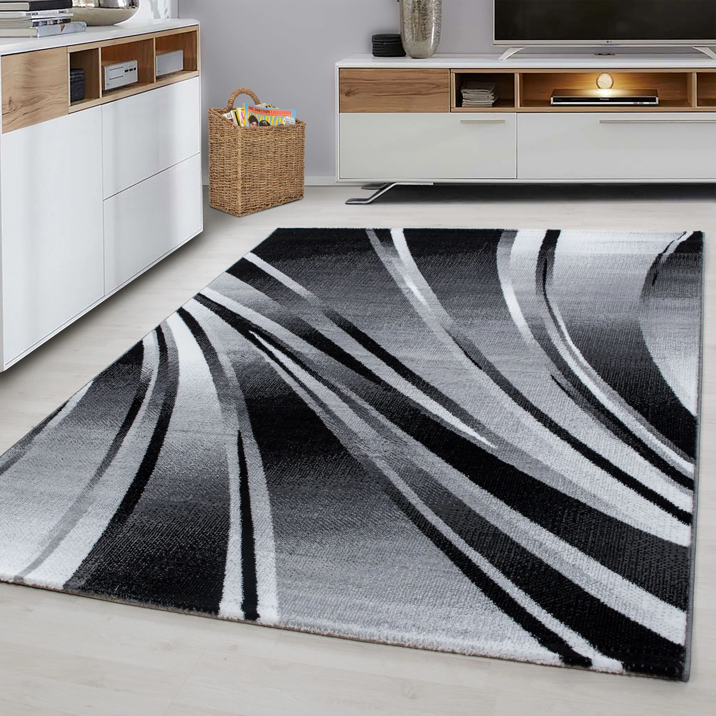 Kurzflor Teppich: Linien & Wellen Design in Schwarz