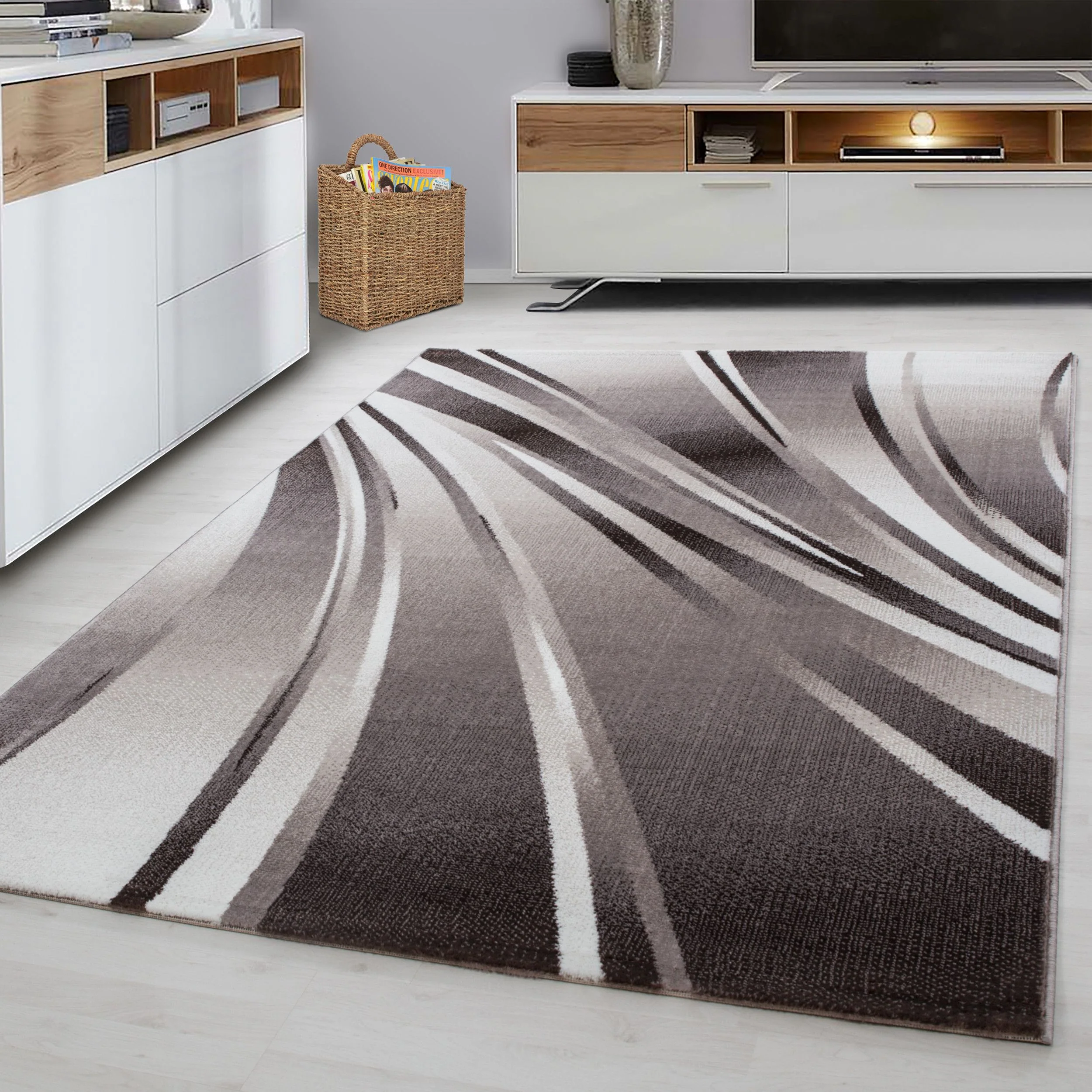 Kurzflor Teppich: Linien & Wellen Design in Braun