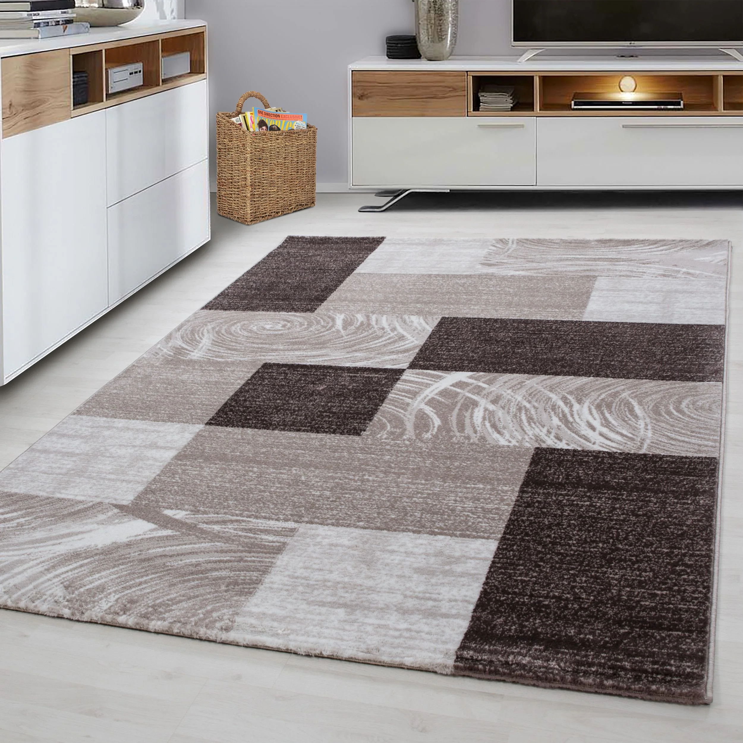 Kurzflorteppiche, Abstrakt Kariert Design, Farbe Braun, Teppich für Wohnzimmer, Rücken aus Jute