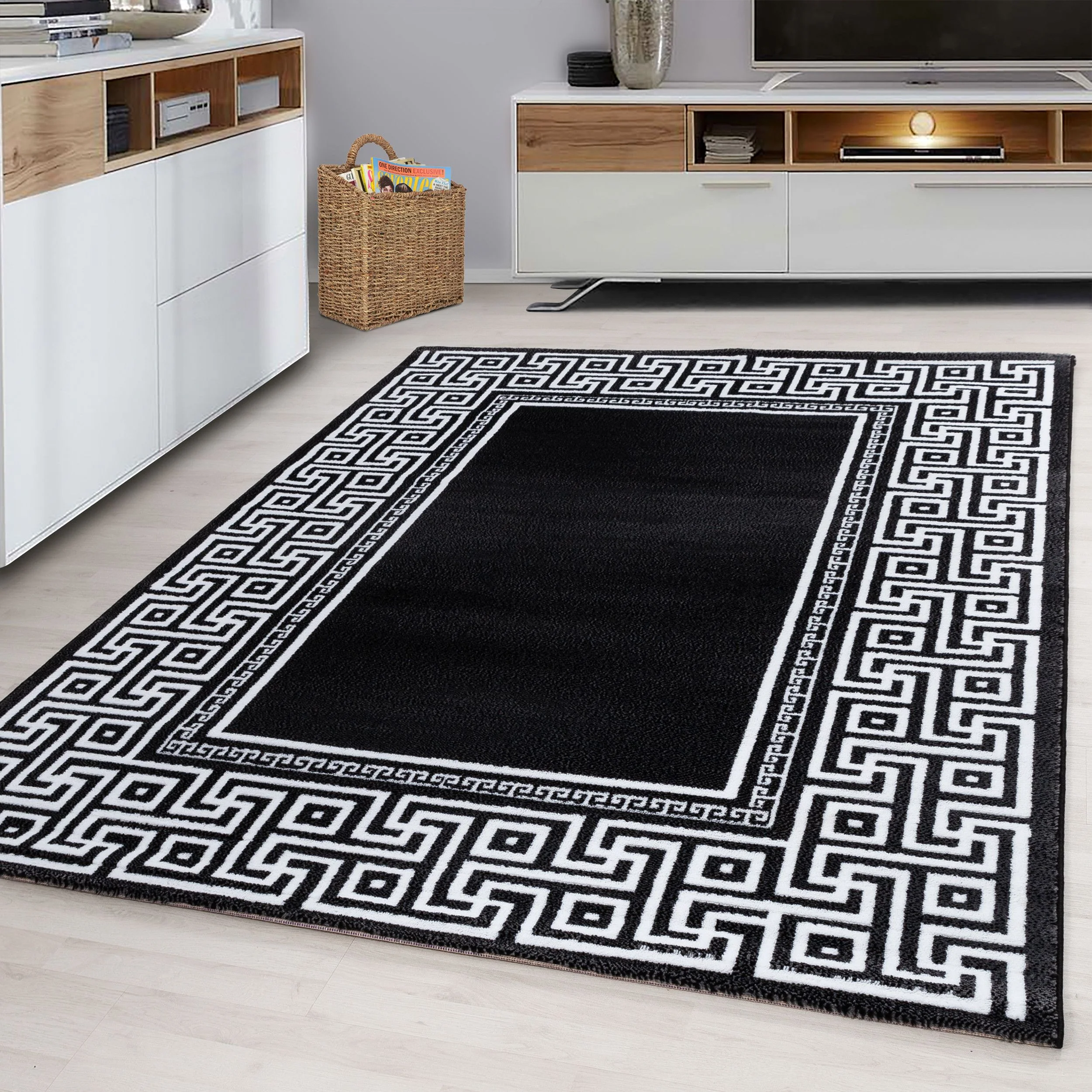 Parma Mäander Kurzflorteppich in Schwarz