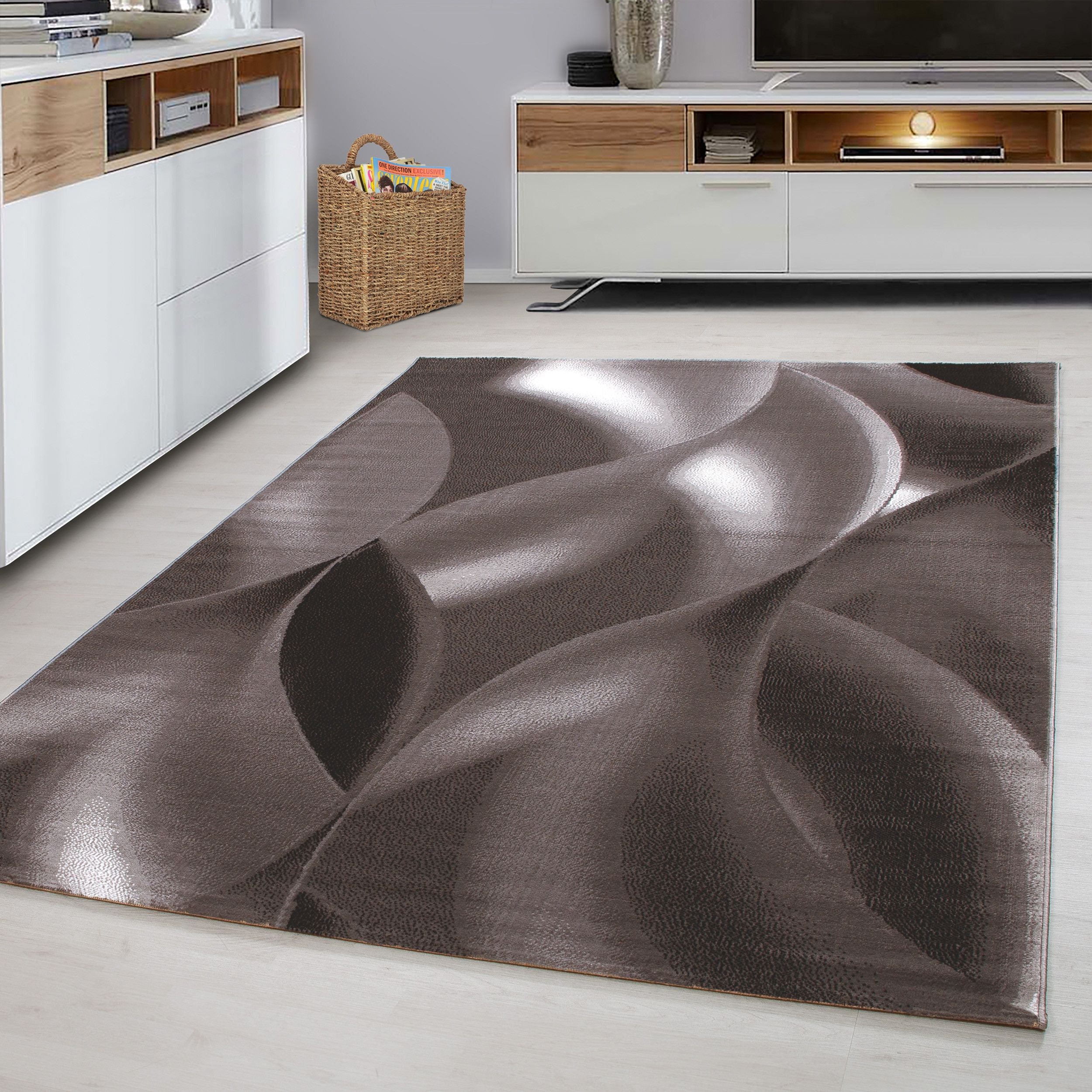 Design Kurzflor Teppich: Abstrakte Wellen in Braun