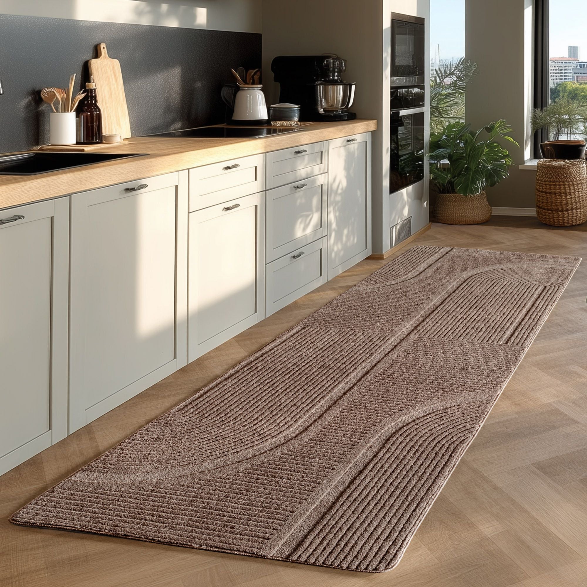 Einfarbiger Skandinavischer Boho Teppich Beige 8x15 cm, Weicher Waschbarer Deko Teppich mit 3D-Effekt, Pflegeleichter Läufer Teppich Wohnzimmer und Schlafzimmer