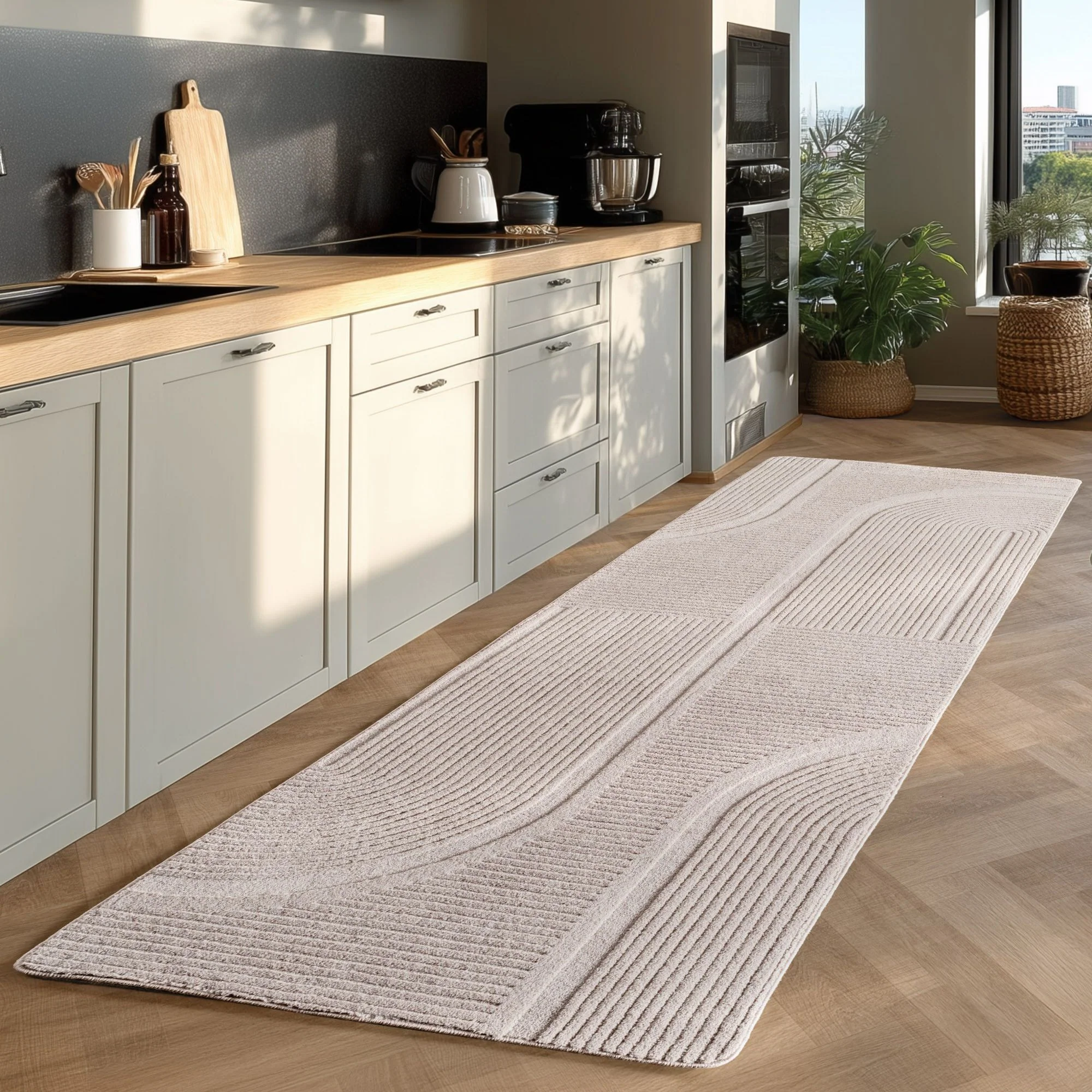Einfarbiger Skandinavischer Boho Teppich Creme 8x15 cm, Weicher Waschbarer Deko Teppich mit 3D-Effekt, Pflegeleichter Läufer Teppich Wohnzimmer und Schlafzimmer