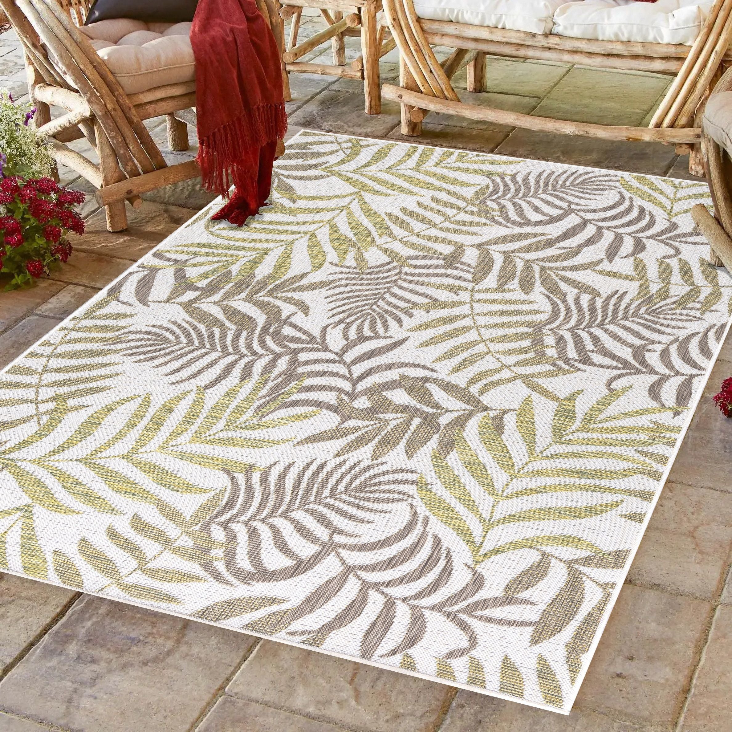 Sunny Outdoorteppich Beige | Grünes Blattdesign