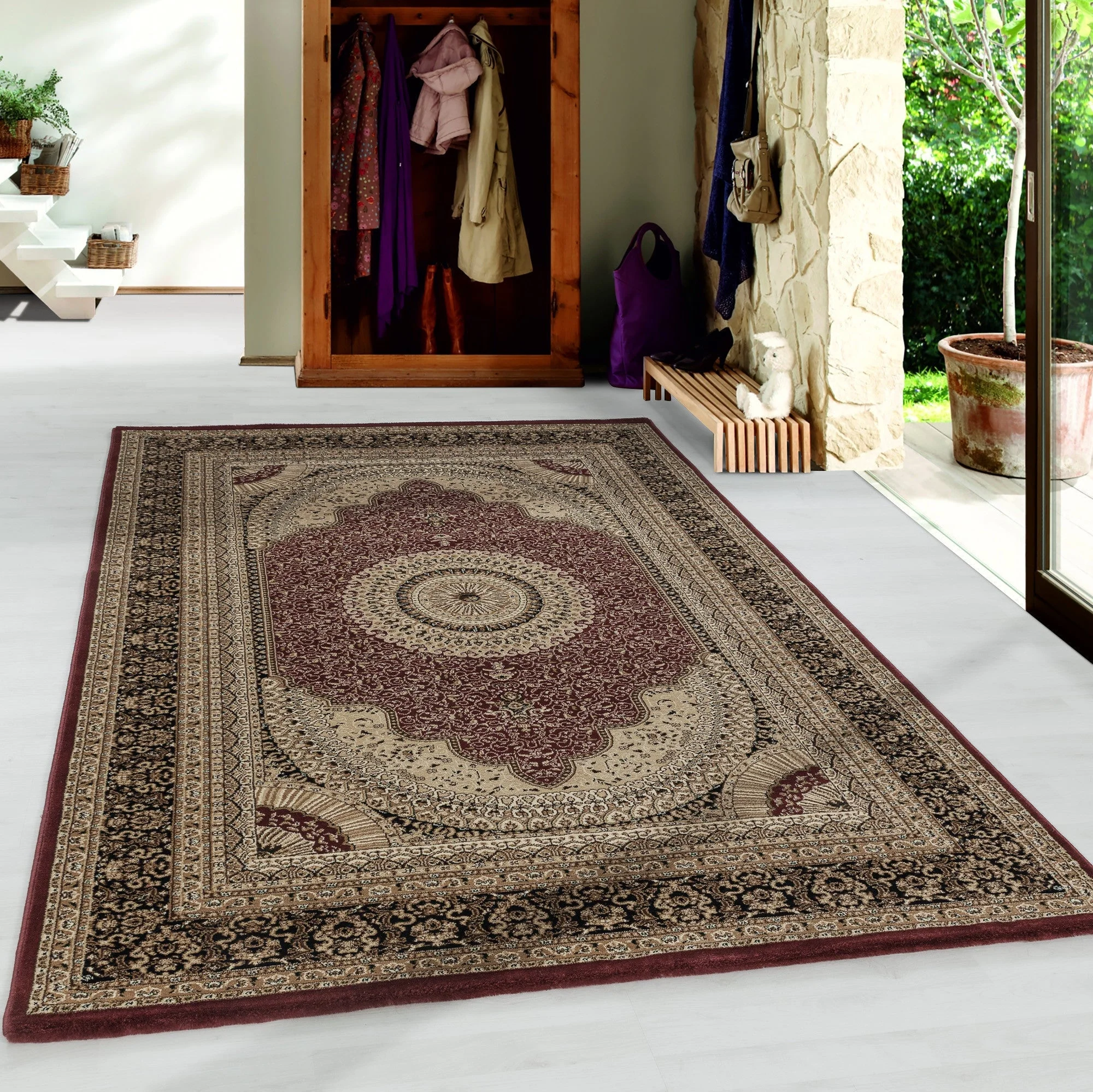 Klassischer Orient Kurzflor Teppich | Rot mit Bordüre