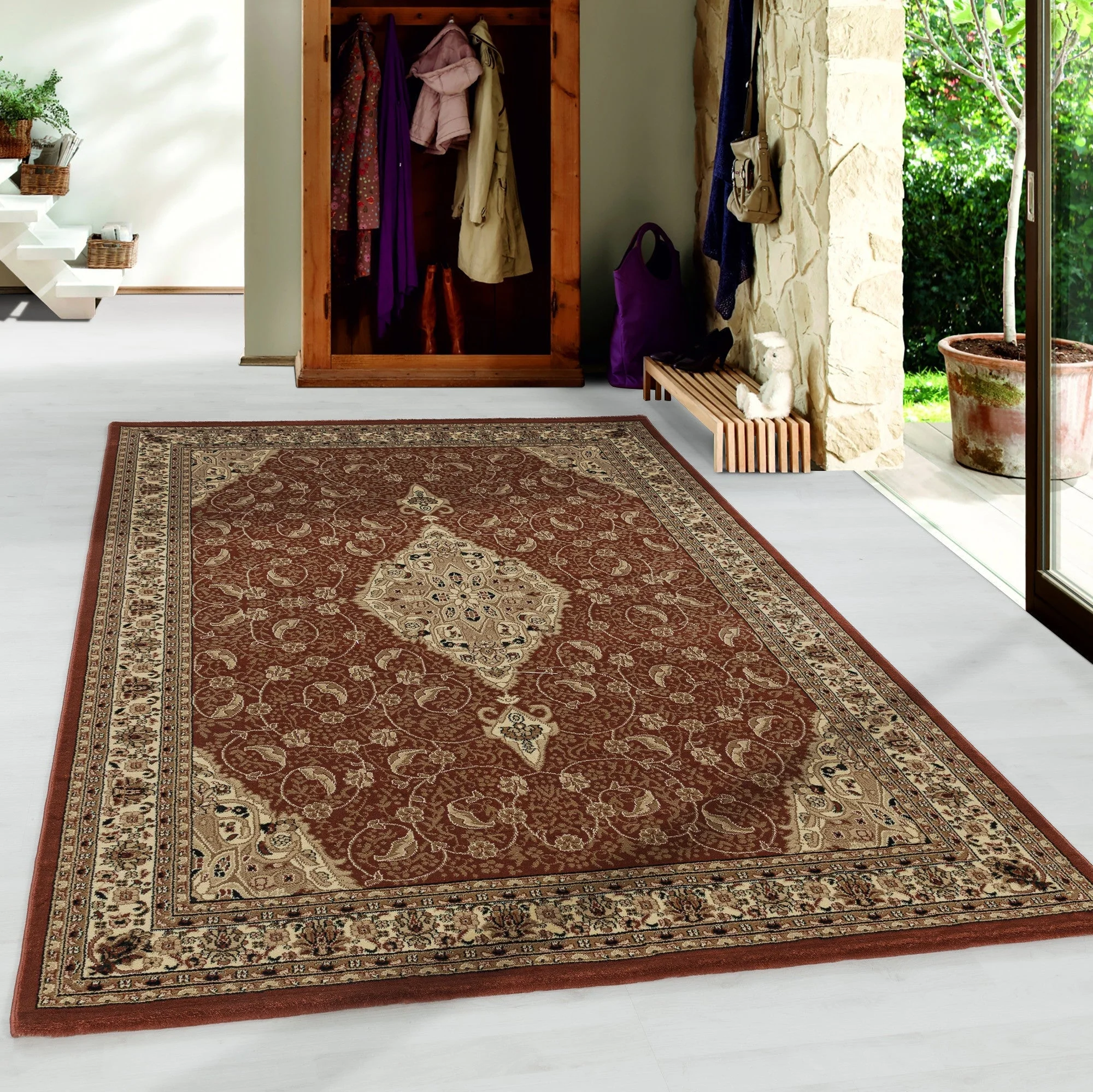 Klassischer Orient Kurzflor Teppich | Terra mit Bordüre