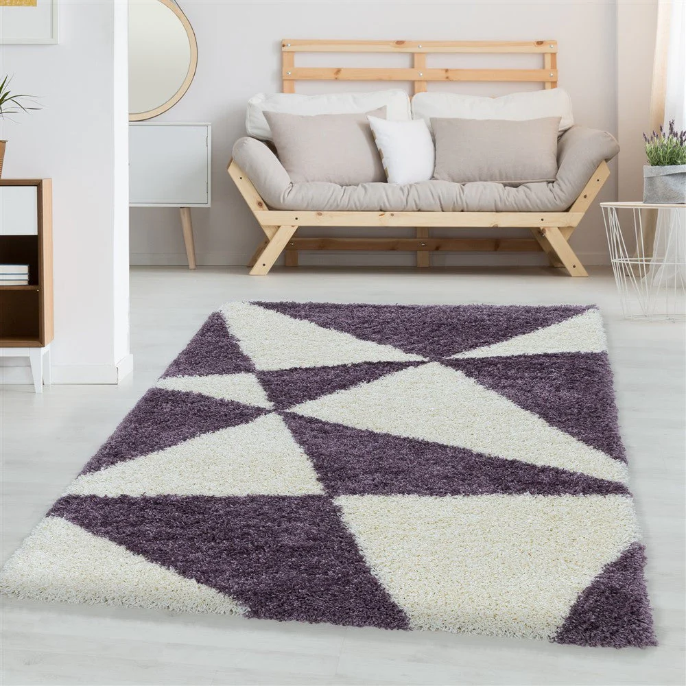 Hochflor Teppich Lila – Abstraktes Dreieck Design