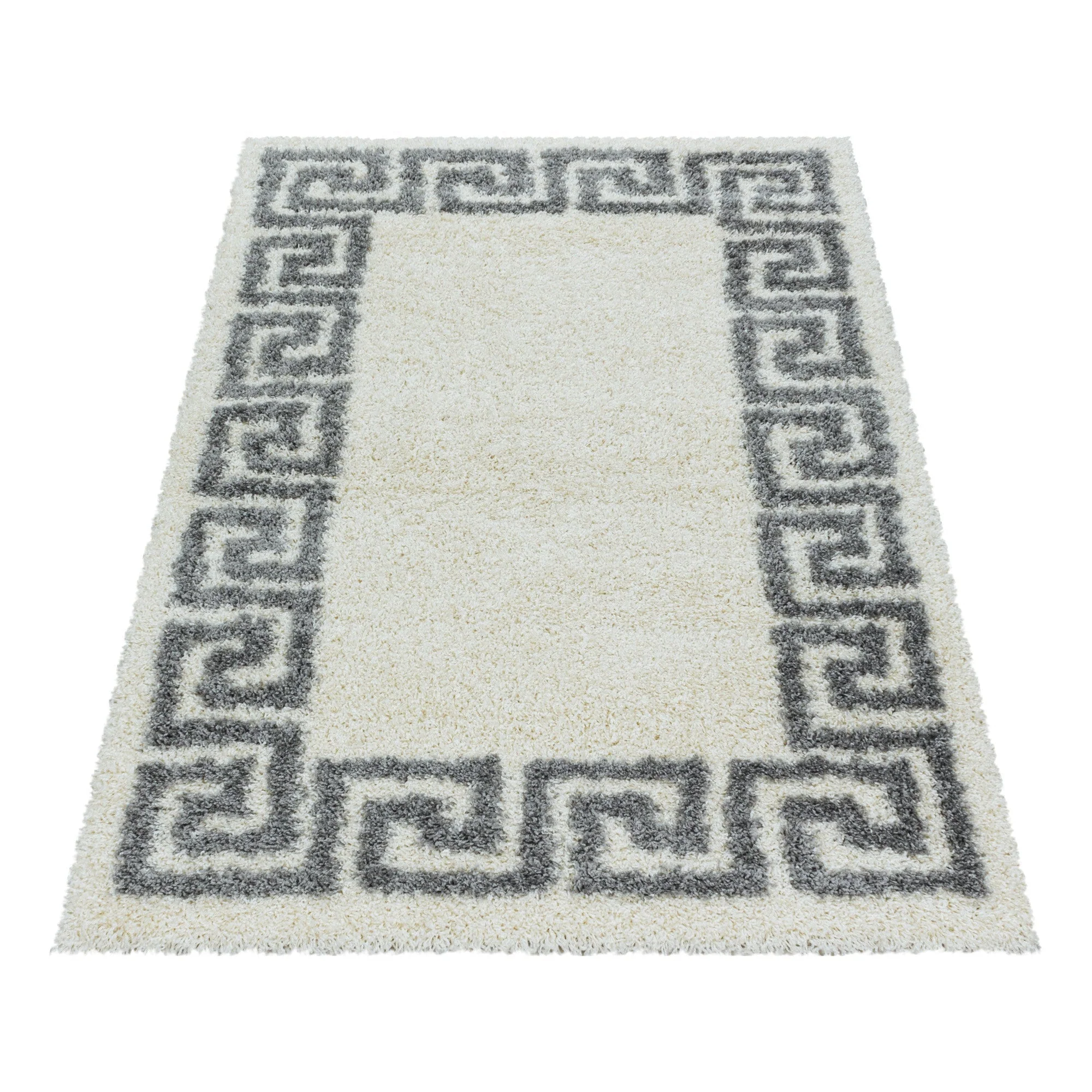 Beiger Hochflor Teppich | Antikes Muster, graue Bordüre - Image 3