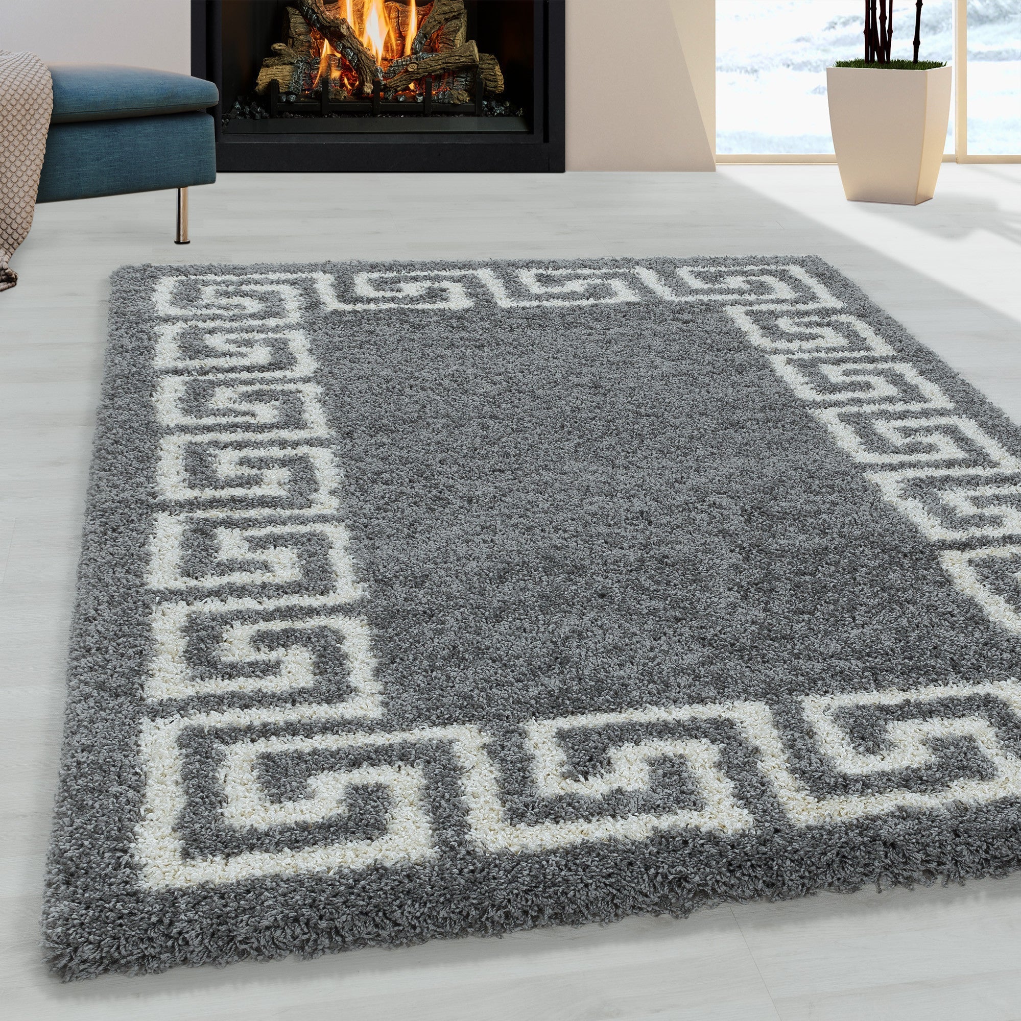 Hochflor Teppich Hellgrau | Weißes Muster