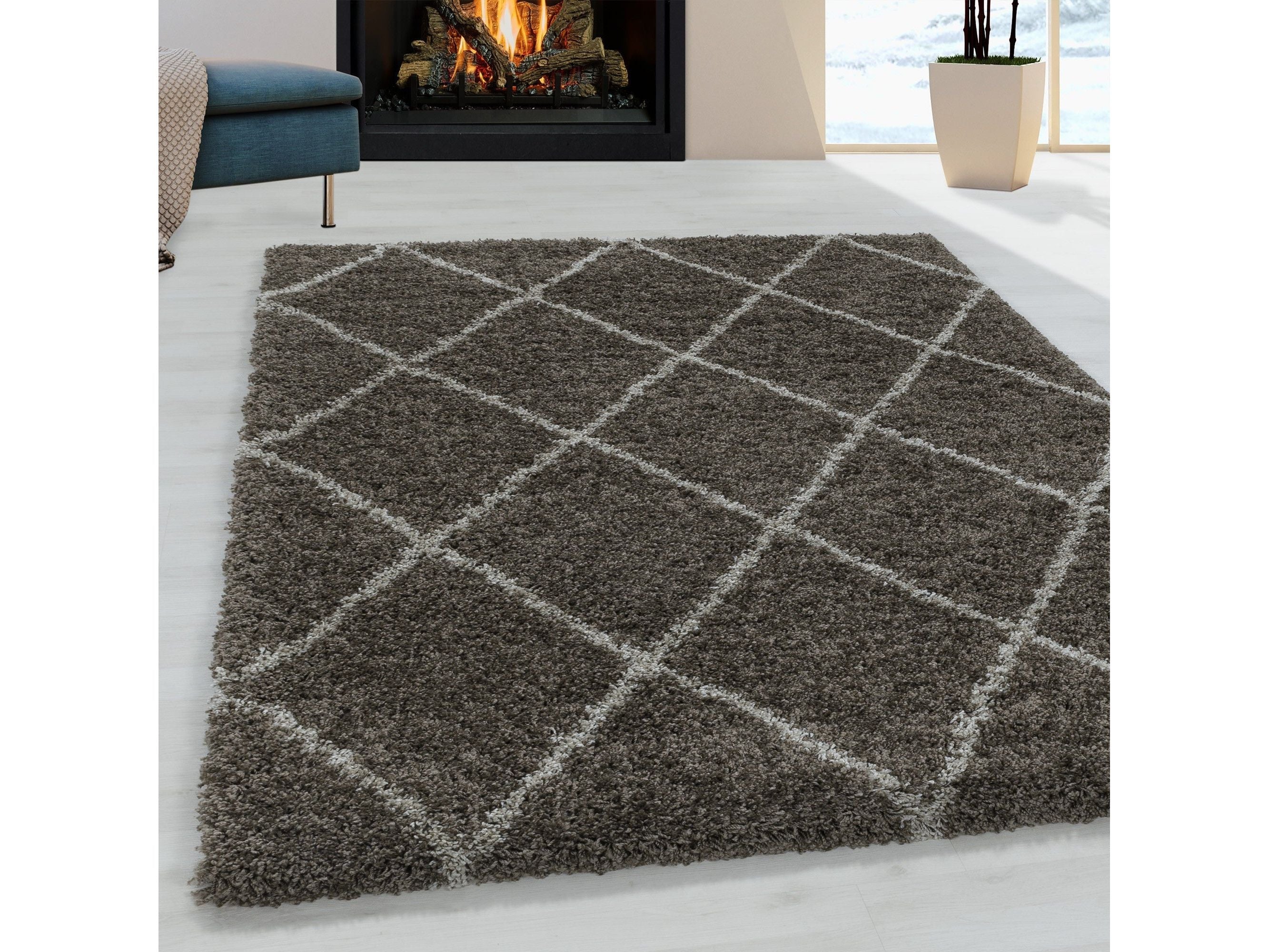 Hochflor Teppich Taupe | Weiches Rautenmuster