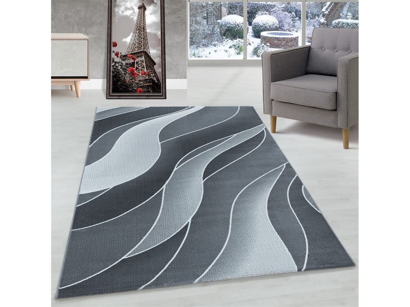 Kurzflor Teppich Grau | 3D Wellenmuster