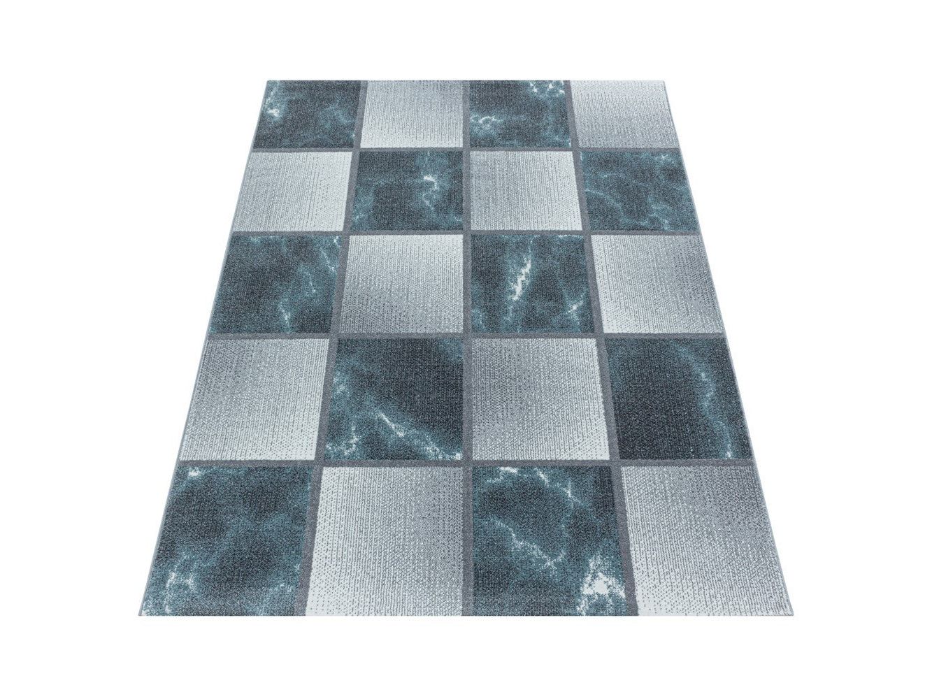 Wohnzimmerteppich Kurzflor Teppich Blau Grau Quadrat Muster Marmoriert Weich - Image 2