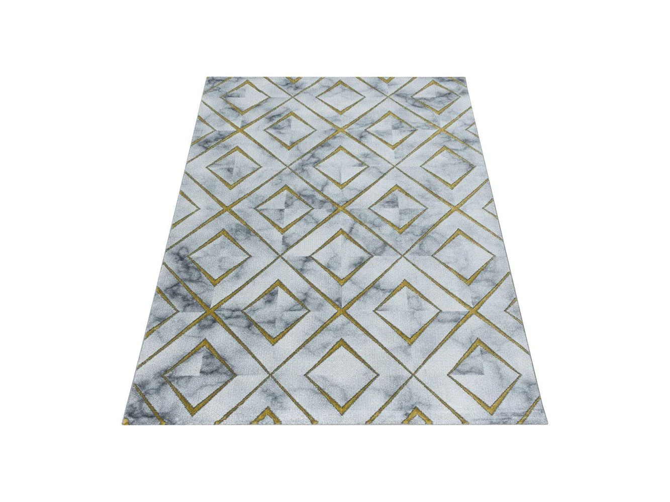Wohnzimmerteppich Kurzflor Teppich Design Marmoriert Rauten Karo Gold - Image 3